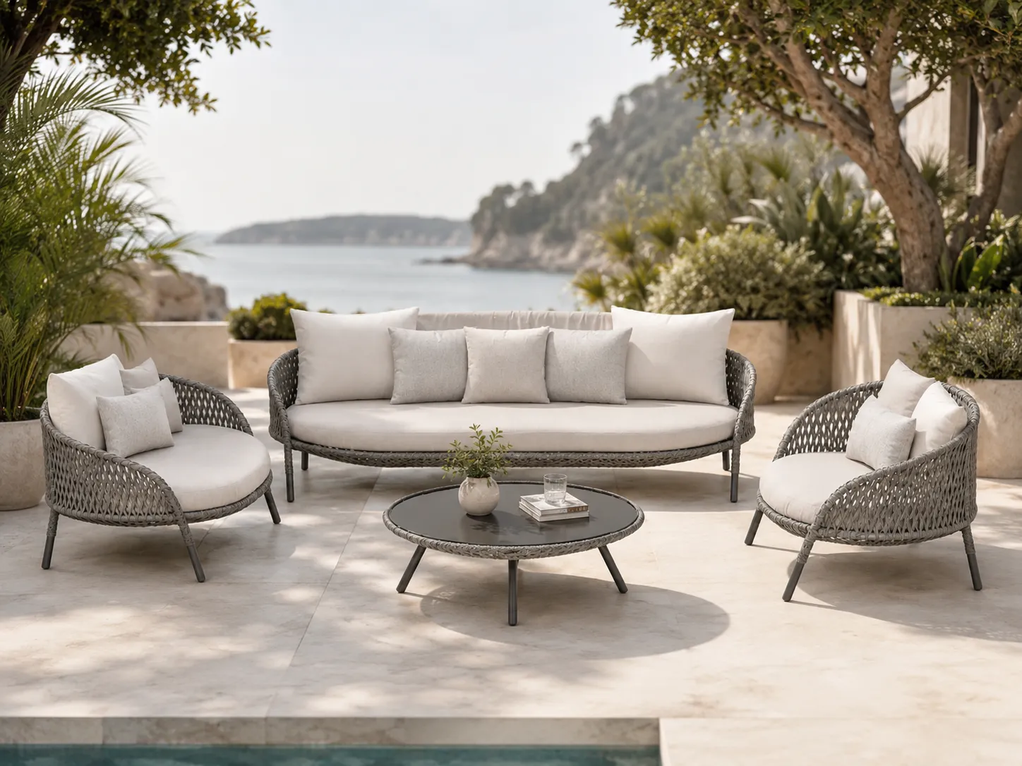 Grey wicker sofa set for resort terrace and outdoor hospitality spaces