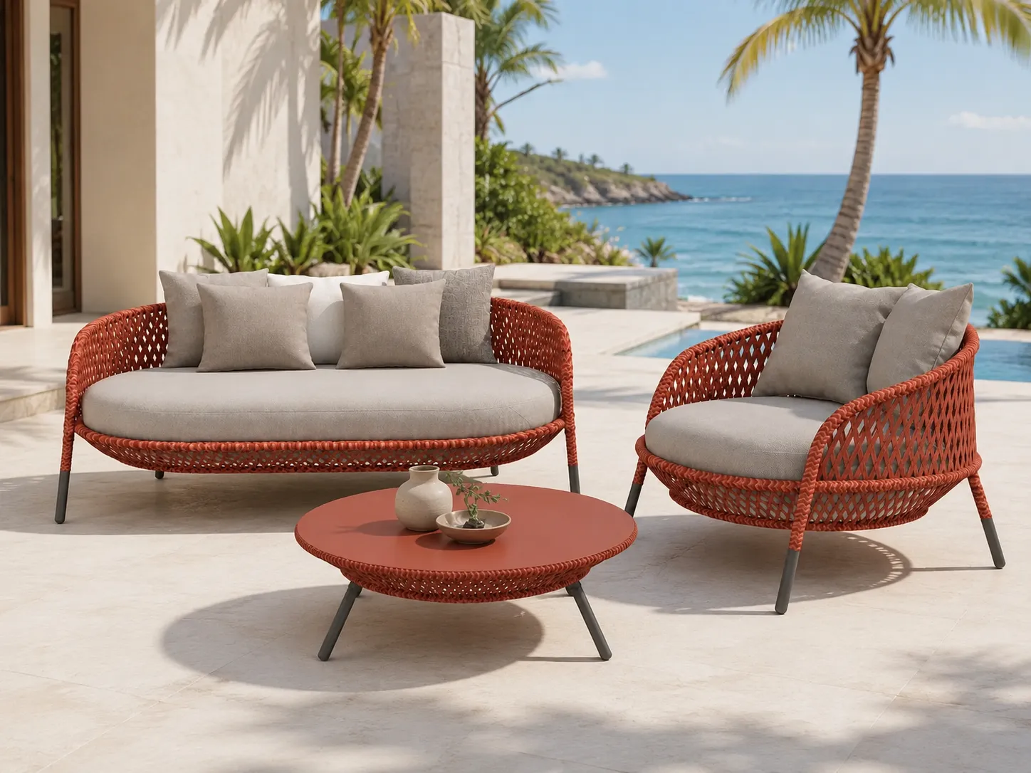 Orange wicker sofa set for resort terrace and outdoor hospitality spaces