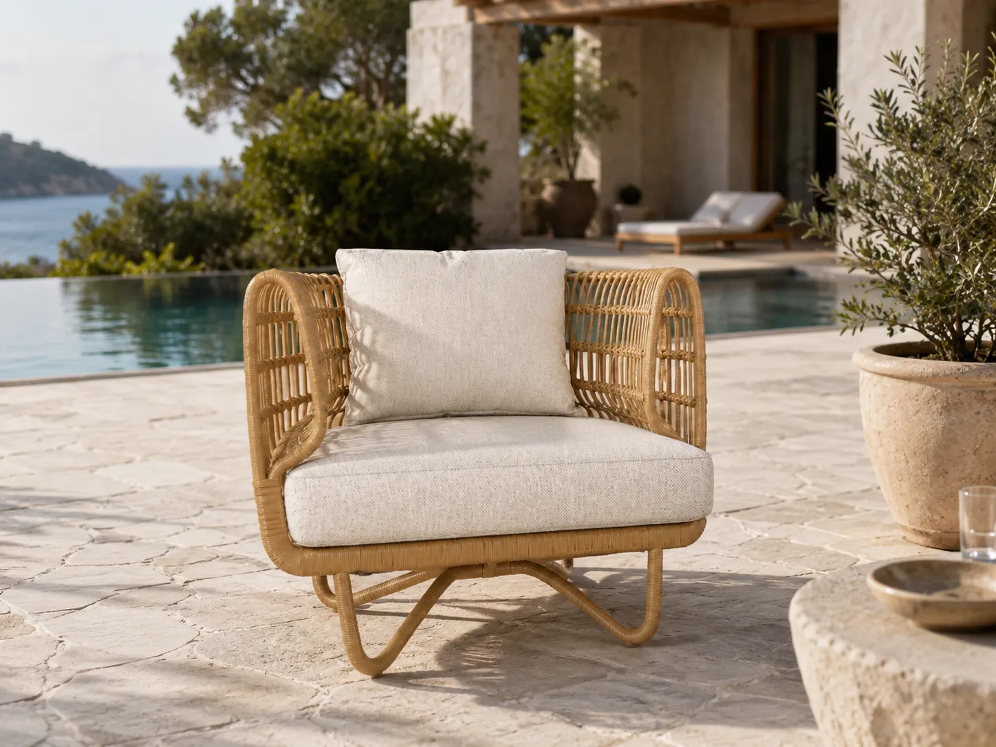Rattan lounge chair for resort terrace and outdoor relaxation spaces