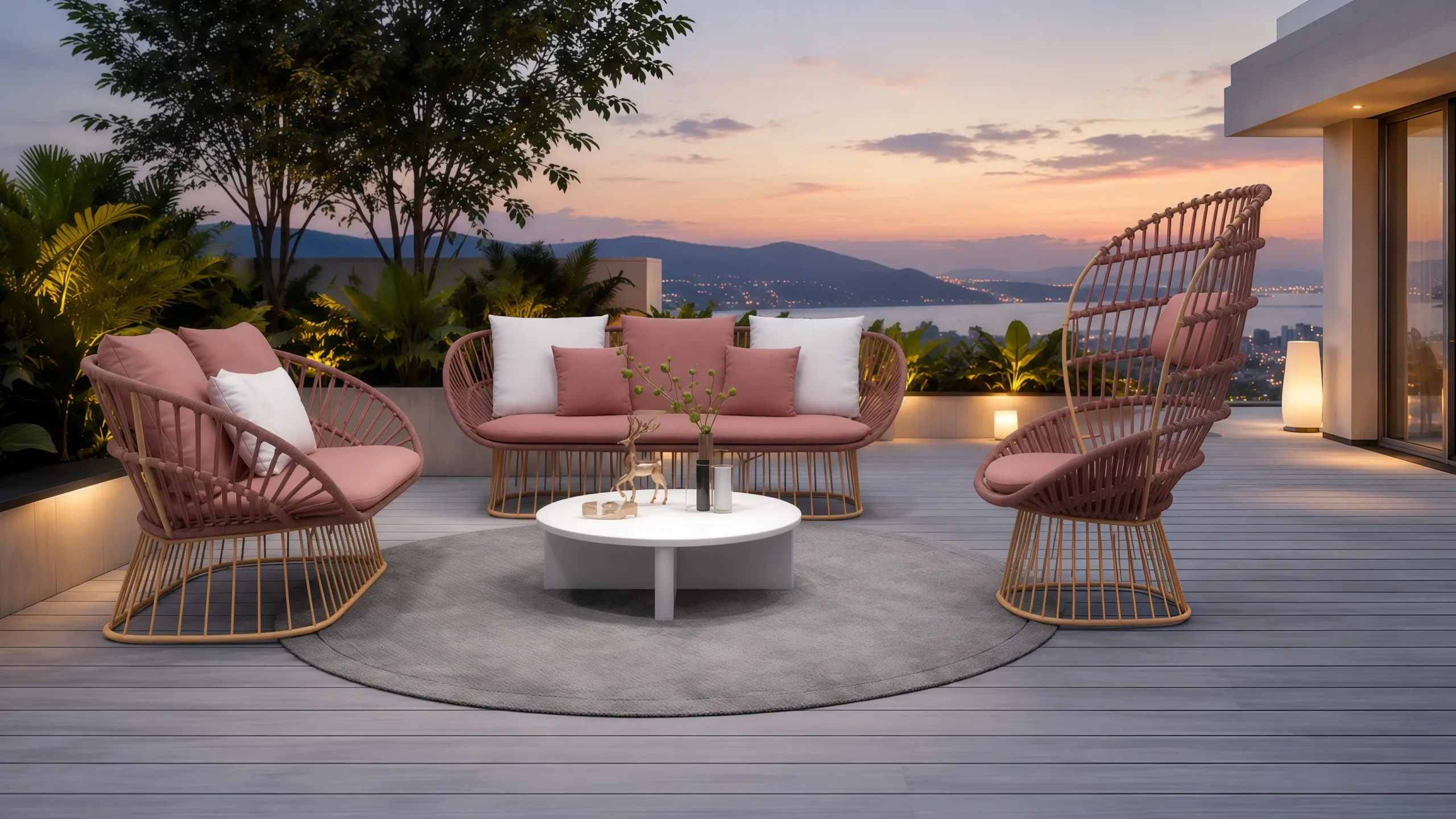 Pink Outdoor Rope Conversation Set with Sofa, Lounge Chairs and Coffee Table