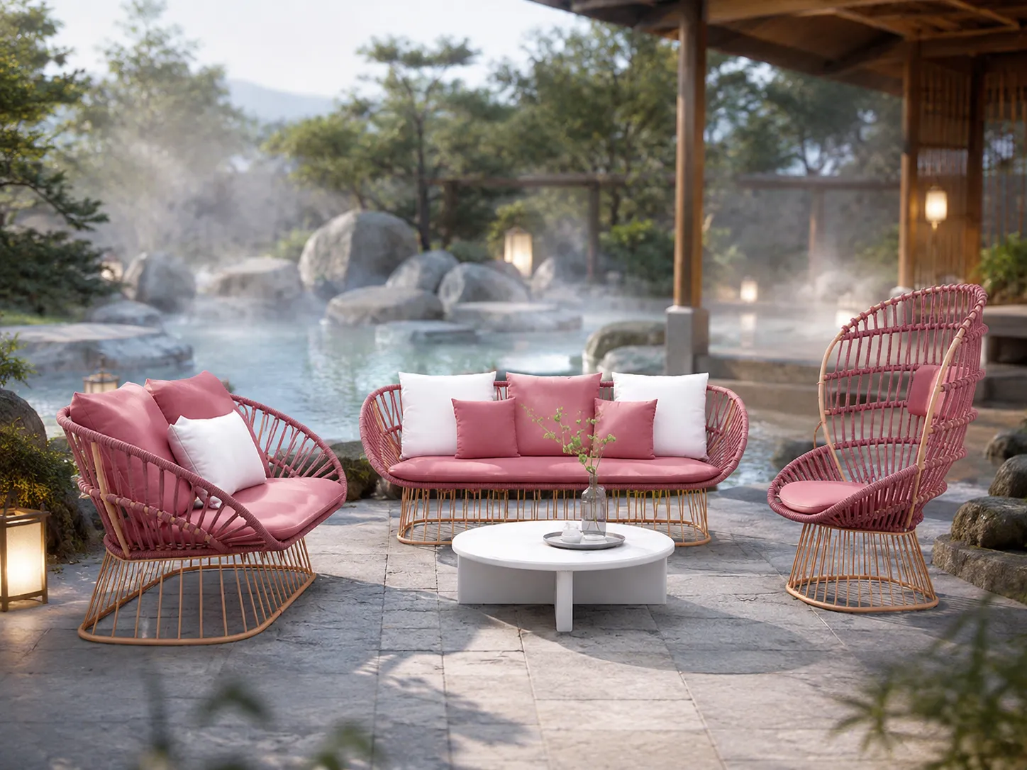 Outdoor rope conversation set for resort terrace lounge seating