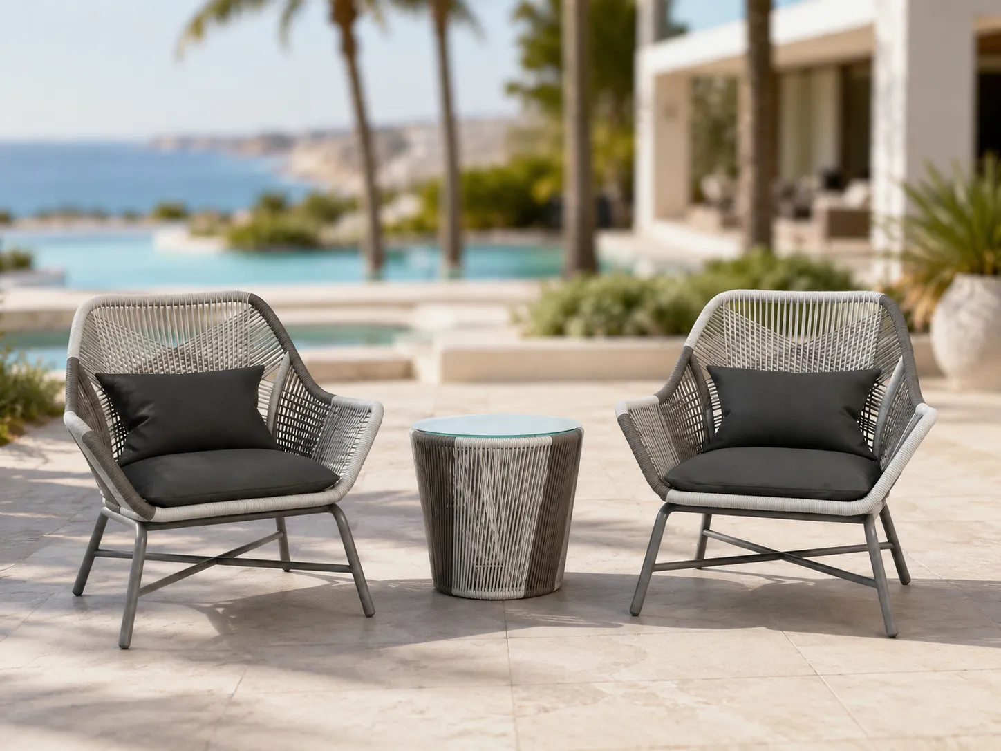 Rope lounge chair bistro set for resort terrace and outdoor hospitality spaces