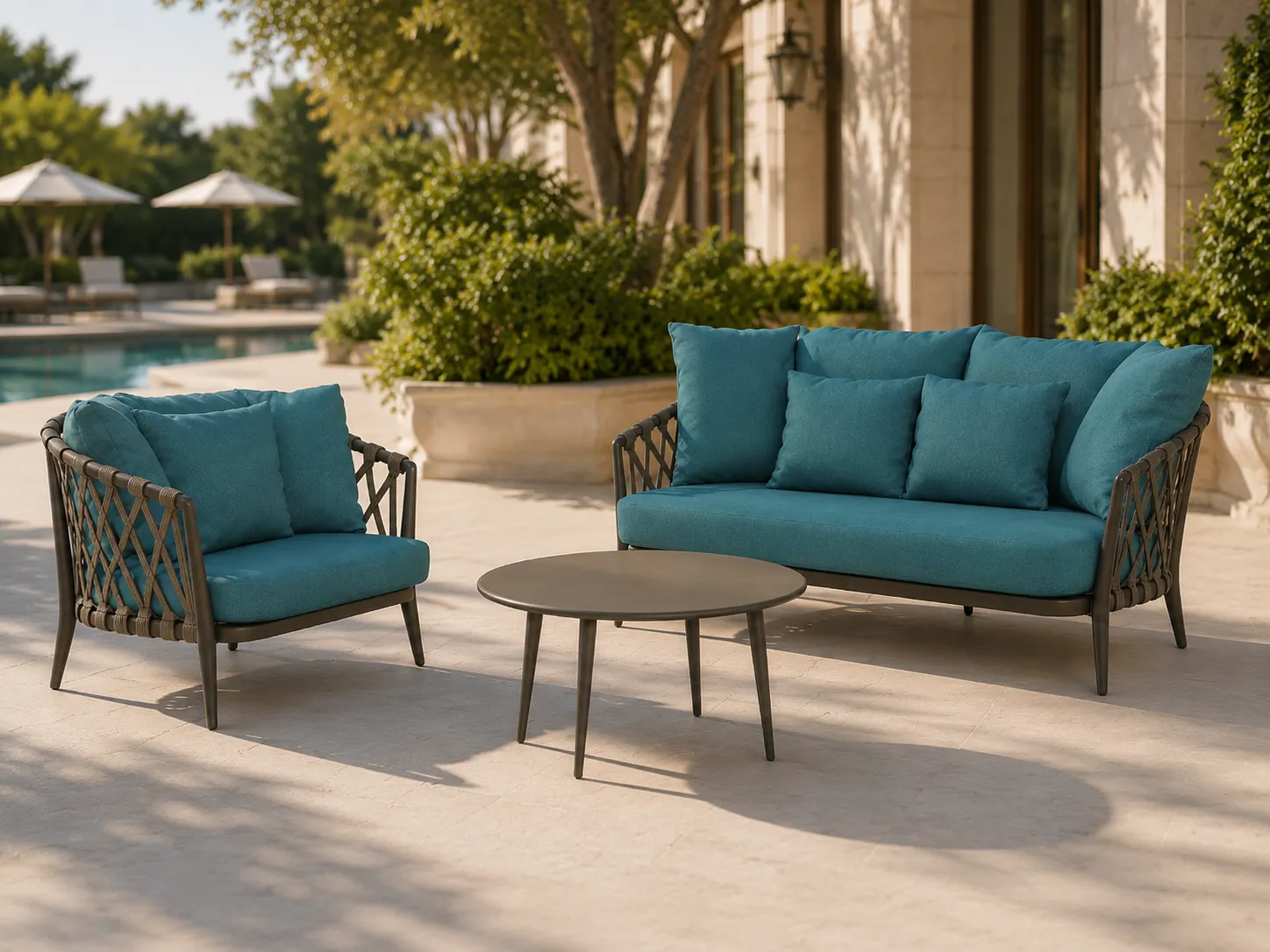 Rope patio sofa set with teal cushions for resort terrace