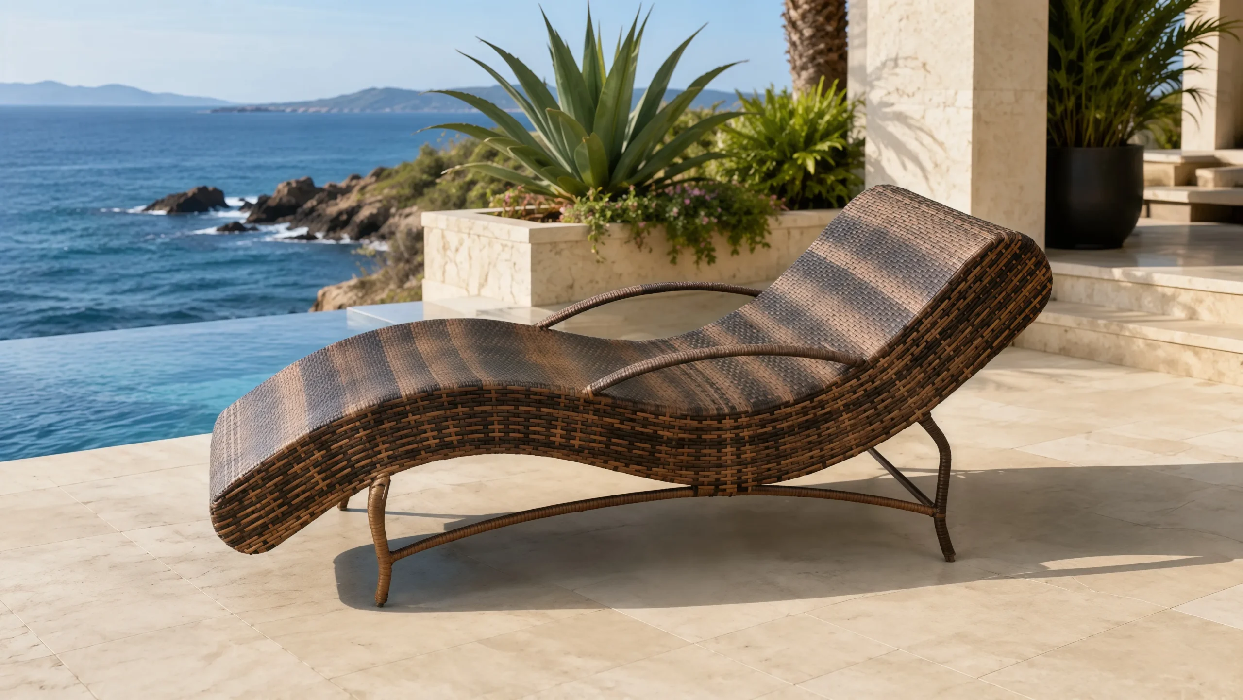 Wicker Outdoor Sun Lounger with Stainless Steel Frame