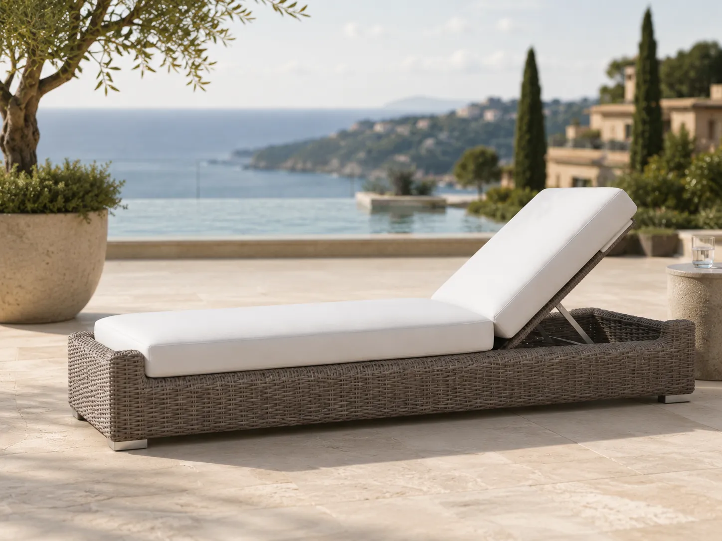 Wicker sun lounger with white cushion for resort terrace lounge spaces