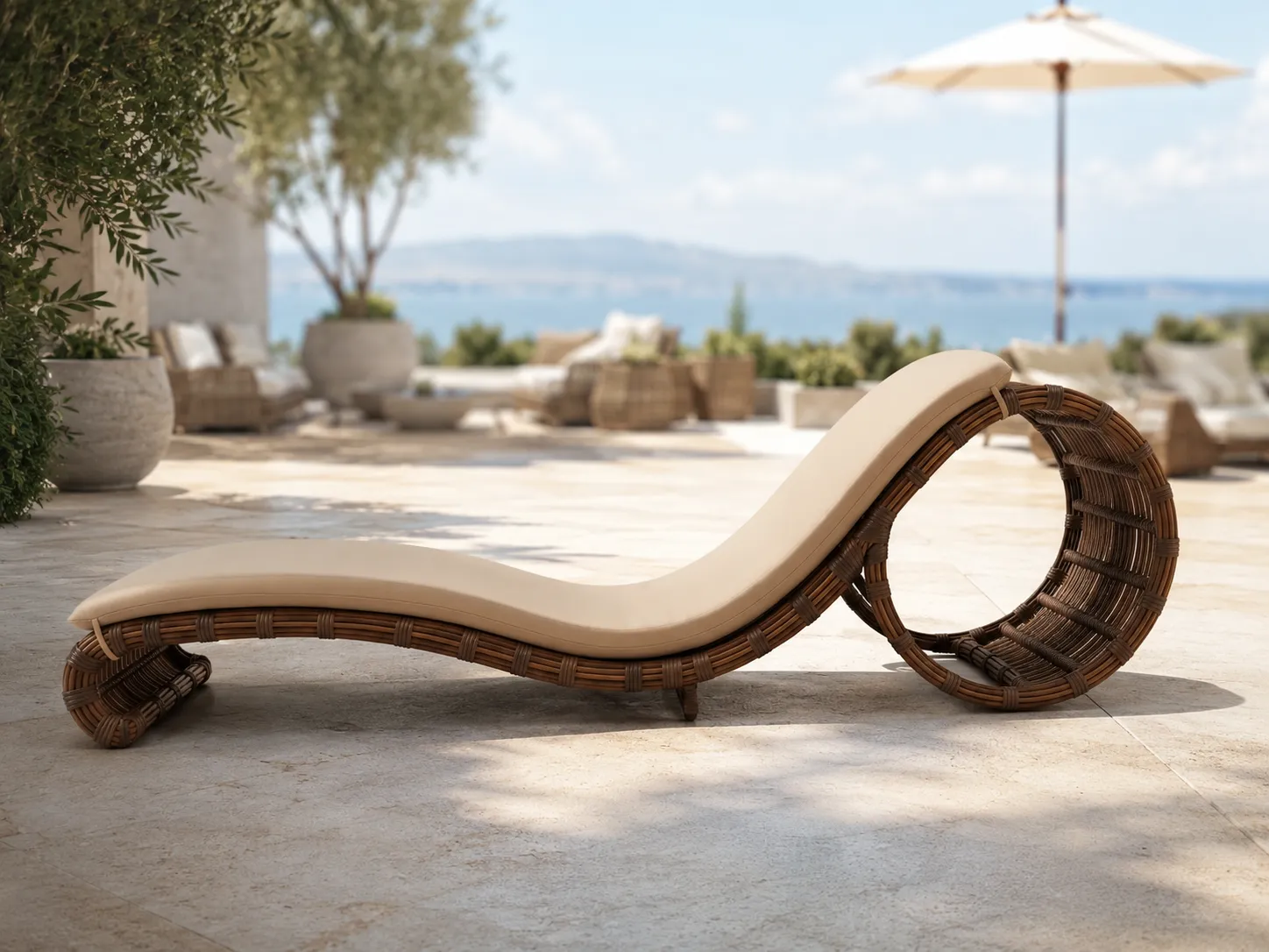 Wicker sun lounger with beige cushion for resort terrace lounge spaces