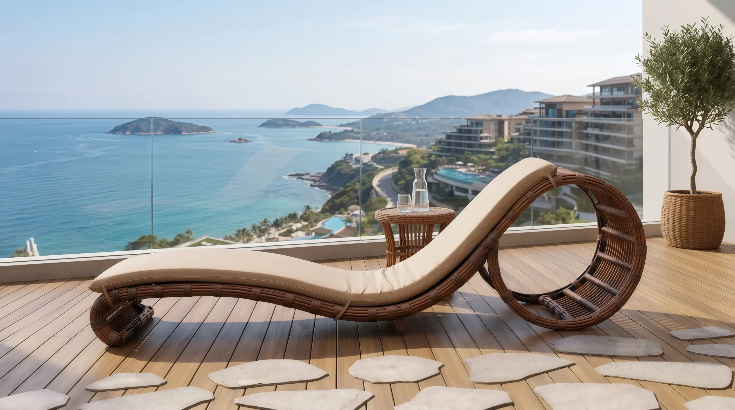 Wicker Outdoor Sun Lounger with Beige Cushion