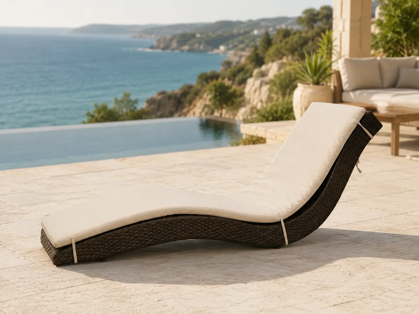 Wicker outdoor sun lounger with beige cushion for resort terrace spaces