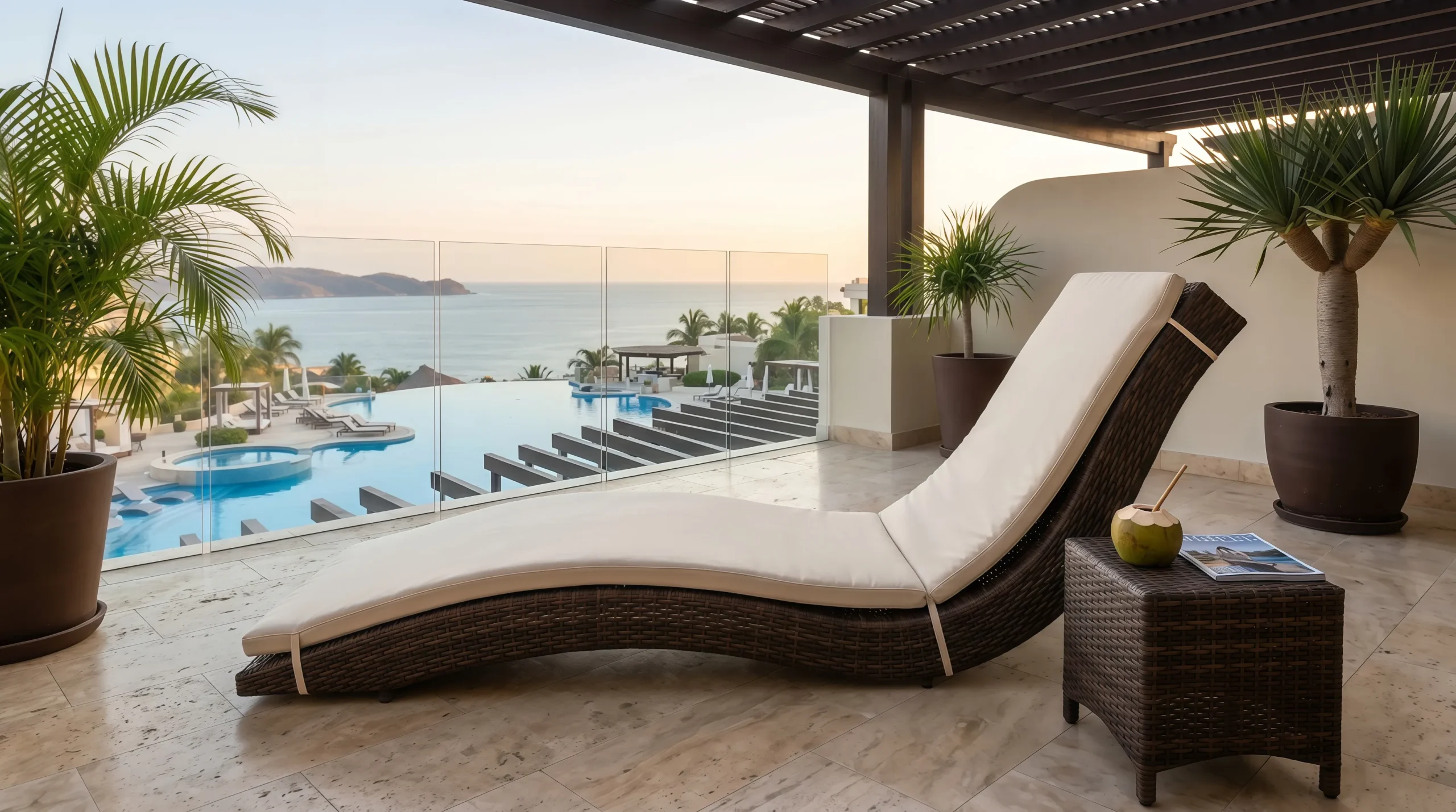 Adjustable Wicker Outdoor Sun Lounger with Beige Cushion