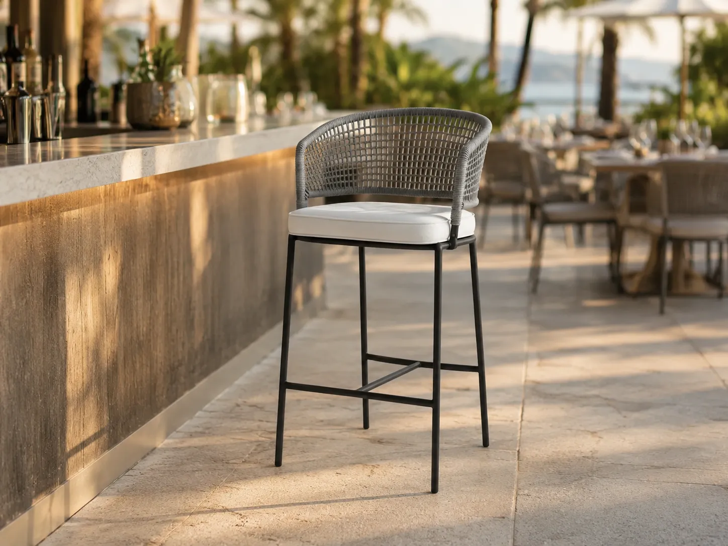 Grey rope bar stool for restaurant counter and commercial dining projects