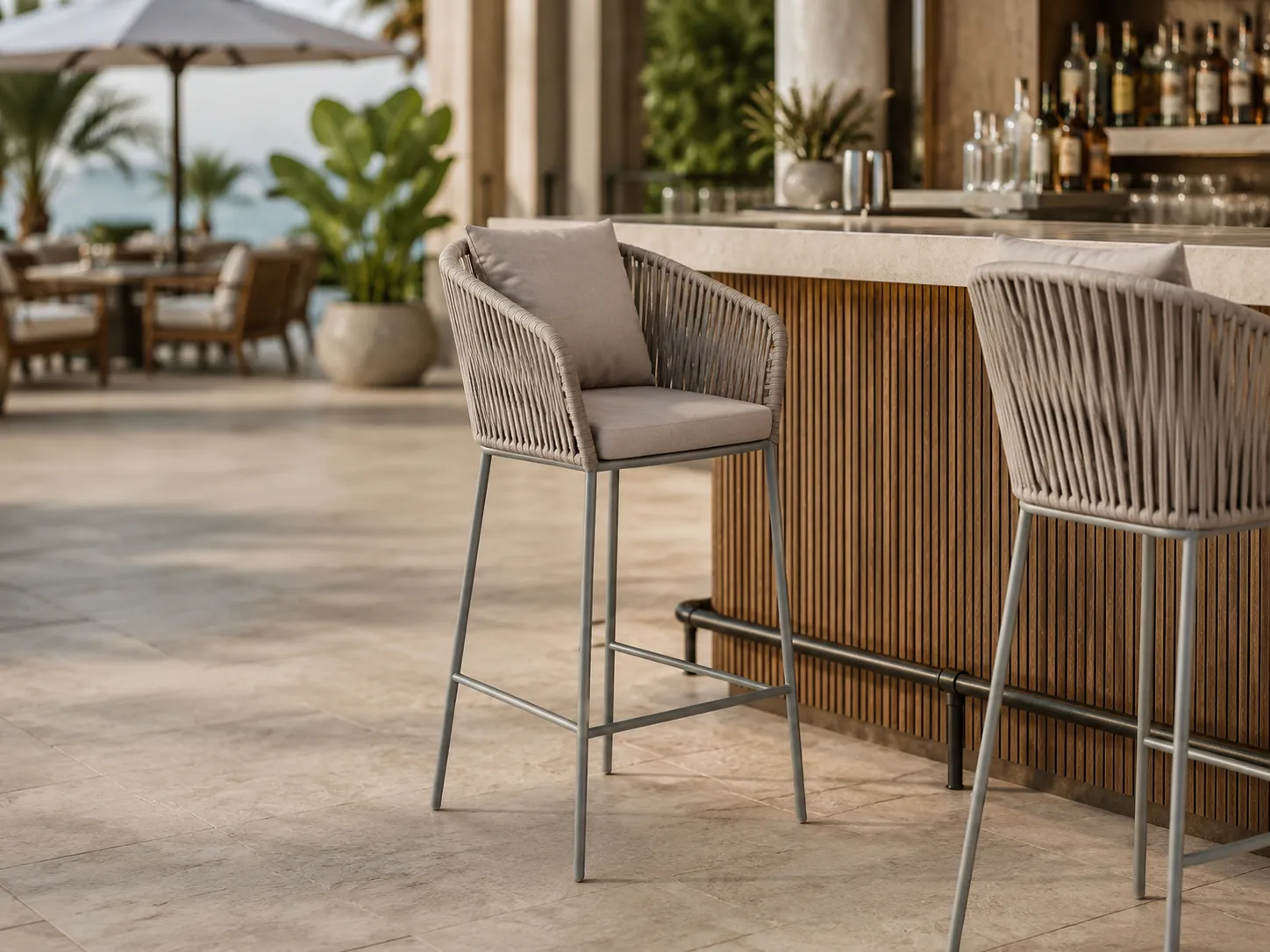 Rope bar stool for restaurant counter and commercial dining projects