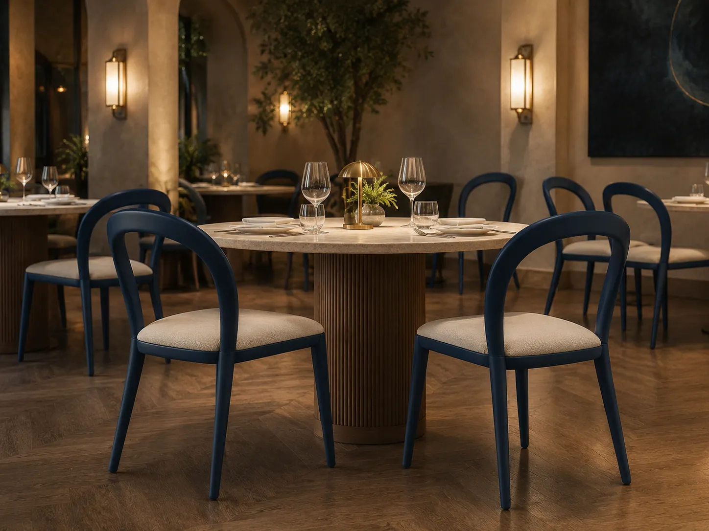 Modern black dining chair used in a restaurant dining space