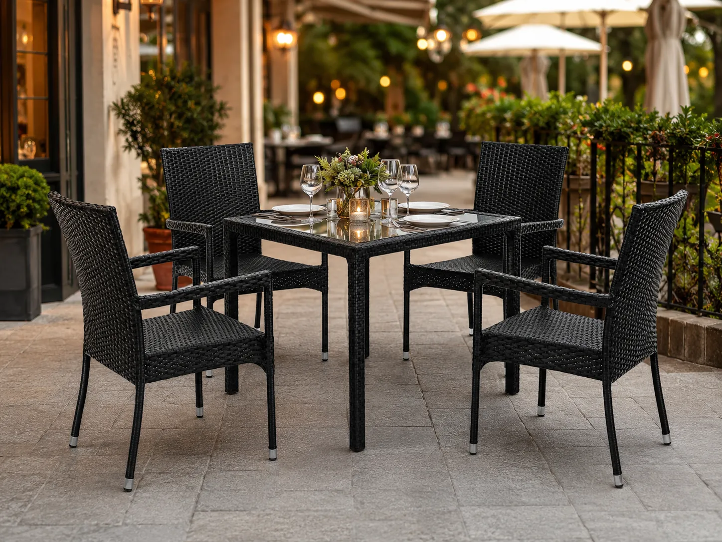 Black wicker dining set for restaurant patio