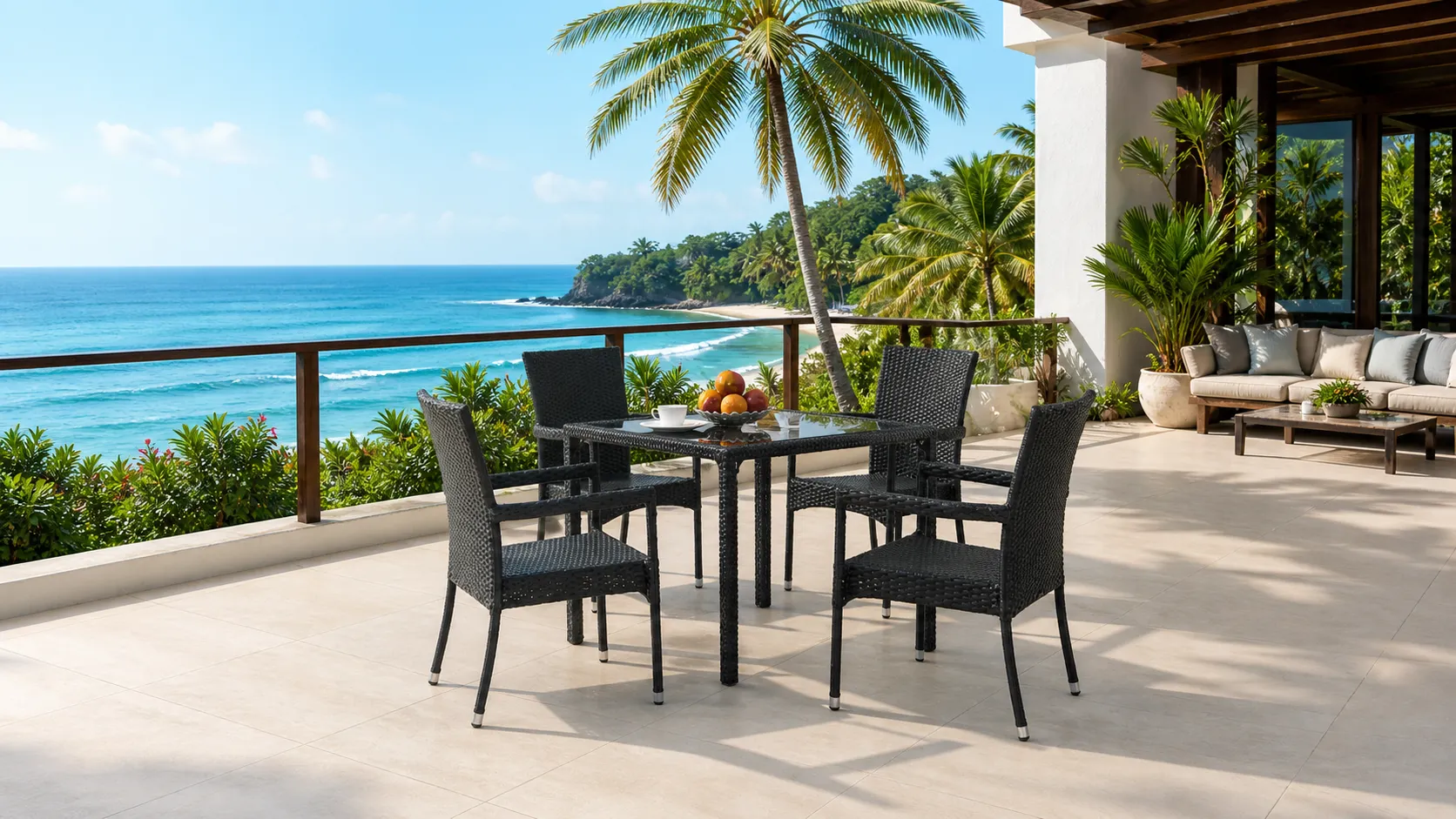 PE Rattan Patio Dining Set with 4 Armchairs & Square Glass Table for Hotel Outdoor Dining