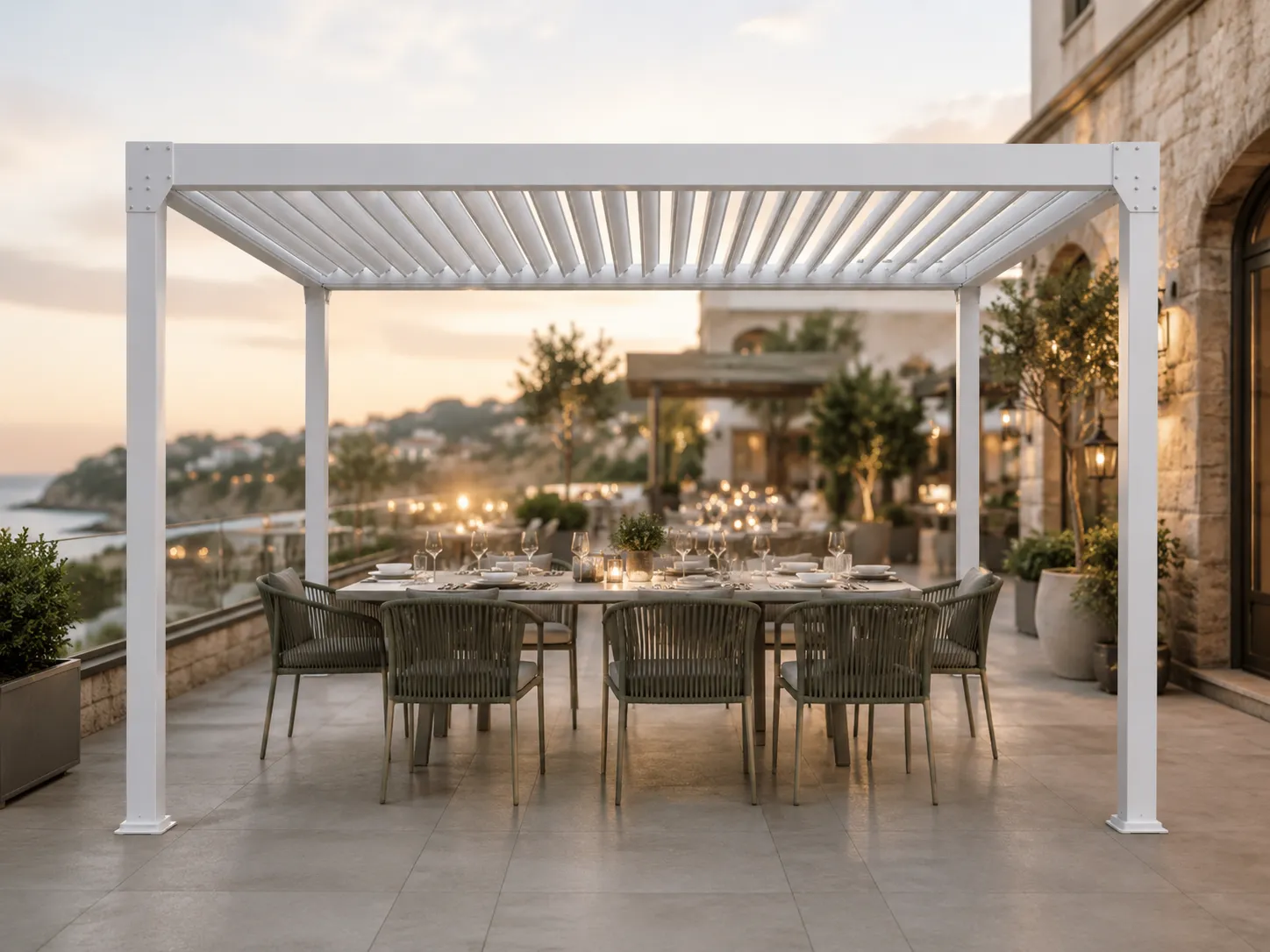 Louvered shade pergola for restaurant patio seating