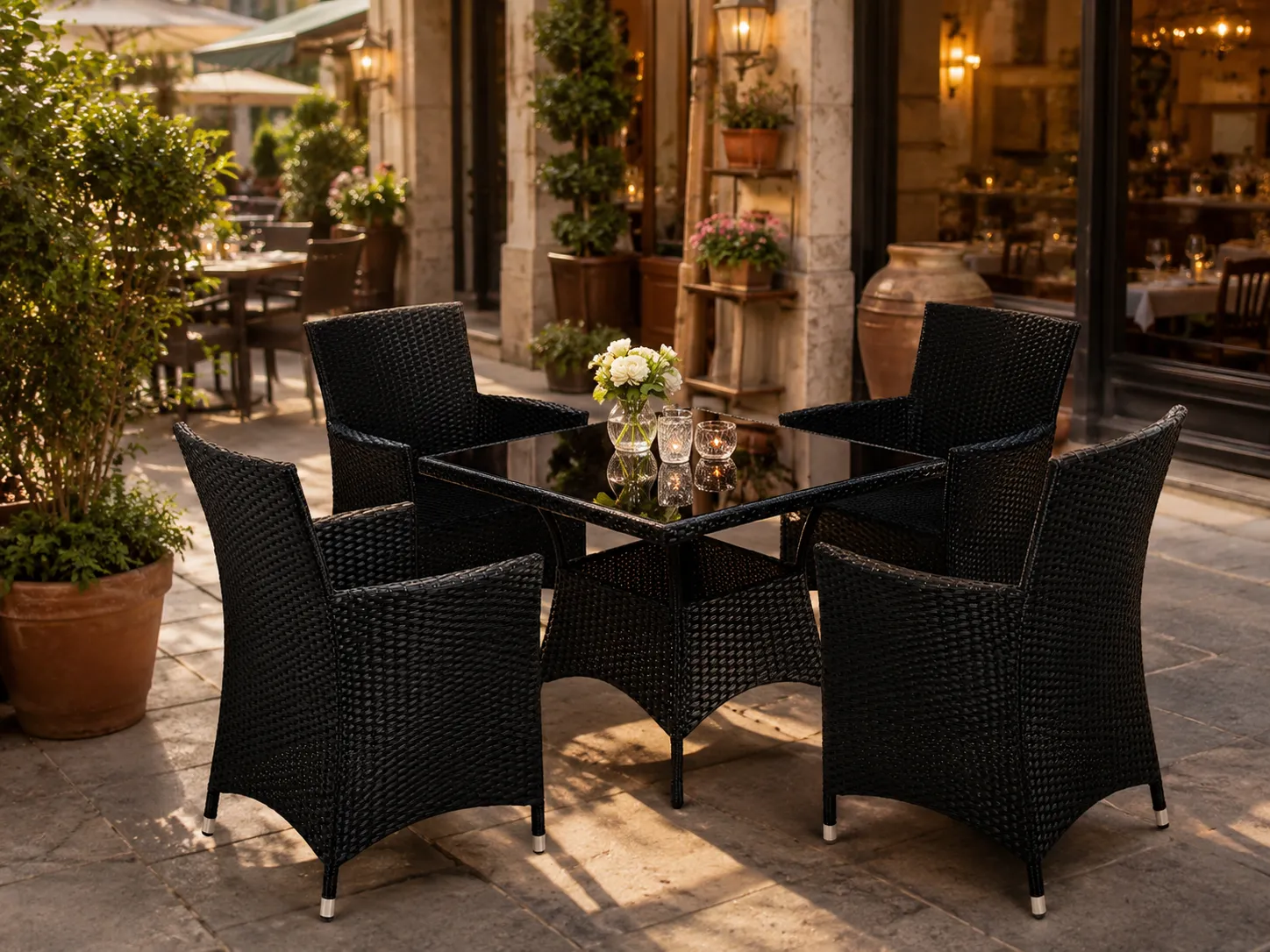 PE rattan dining set with 4 chairs for restaurant patio seating