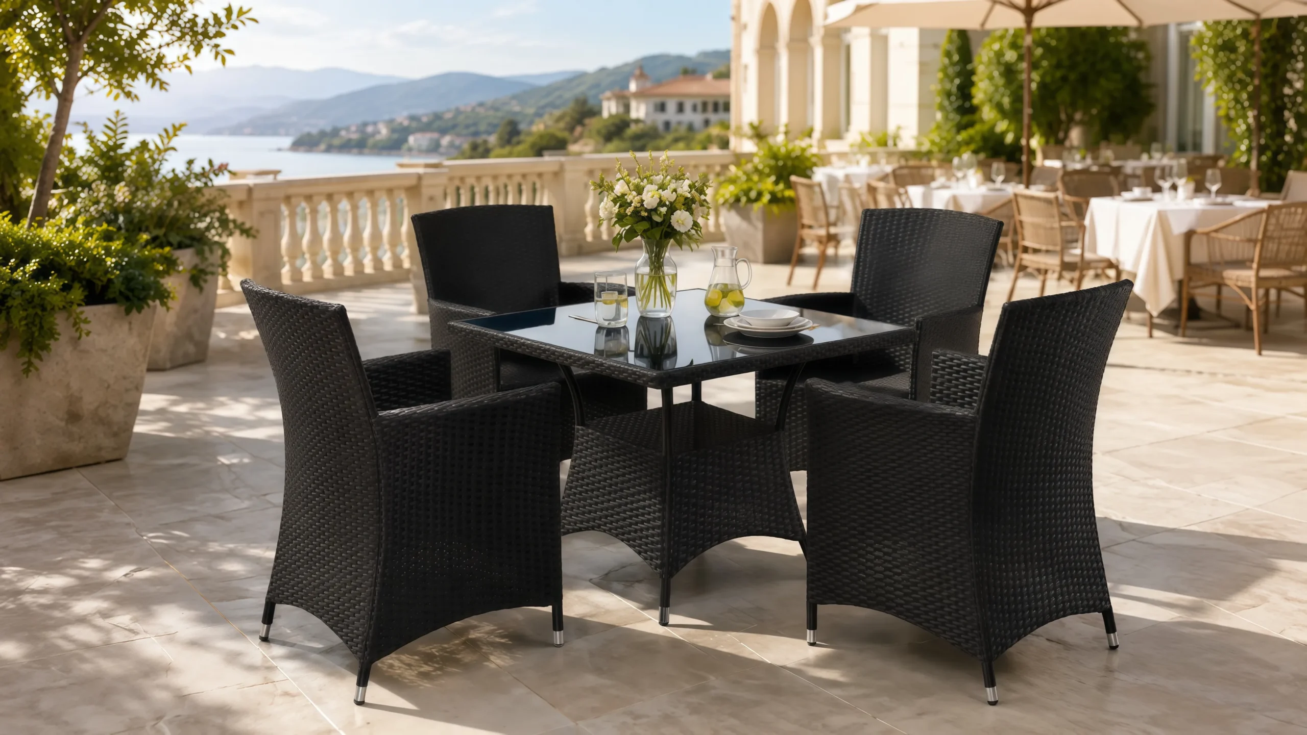Black PE Rattan Patio Dining Set with 4 Armchairs and Square Glass Table