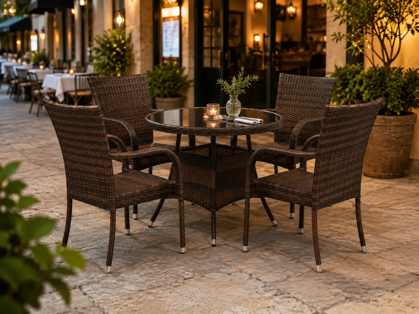 Brown rattan dining set for restaurant terrace