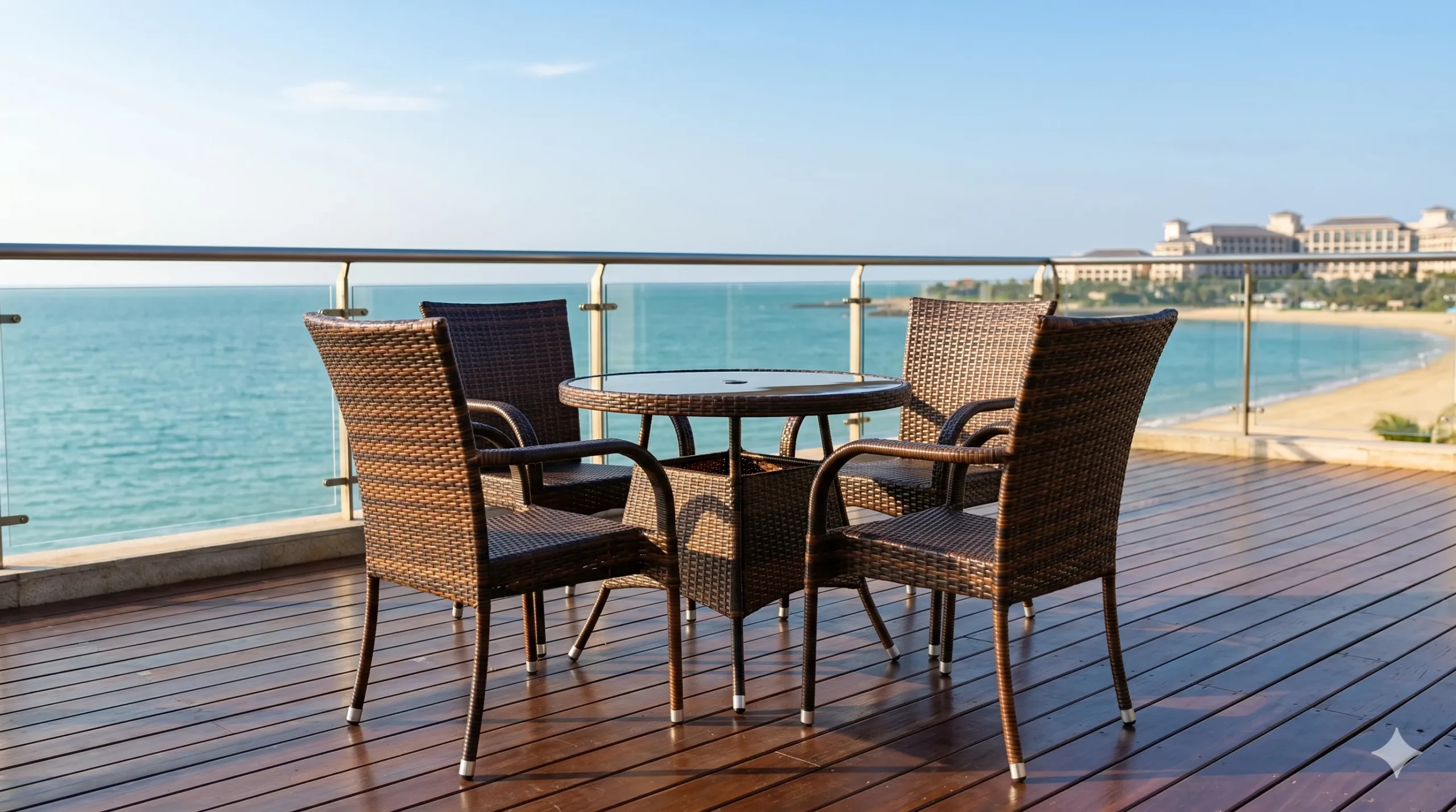 Brown PE Rattan Dining Set with 4 Armchairs & Round Glass Table for Patio Garden Café