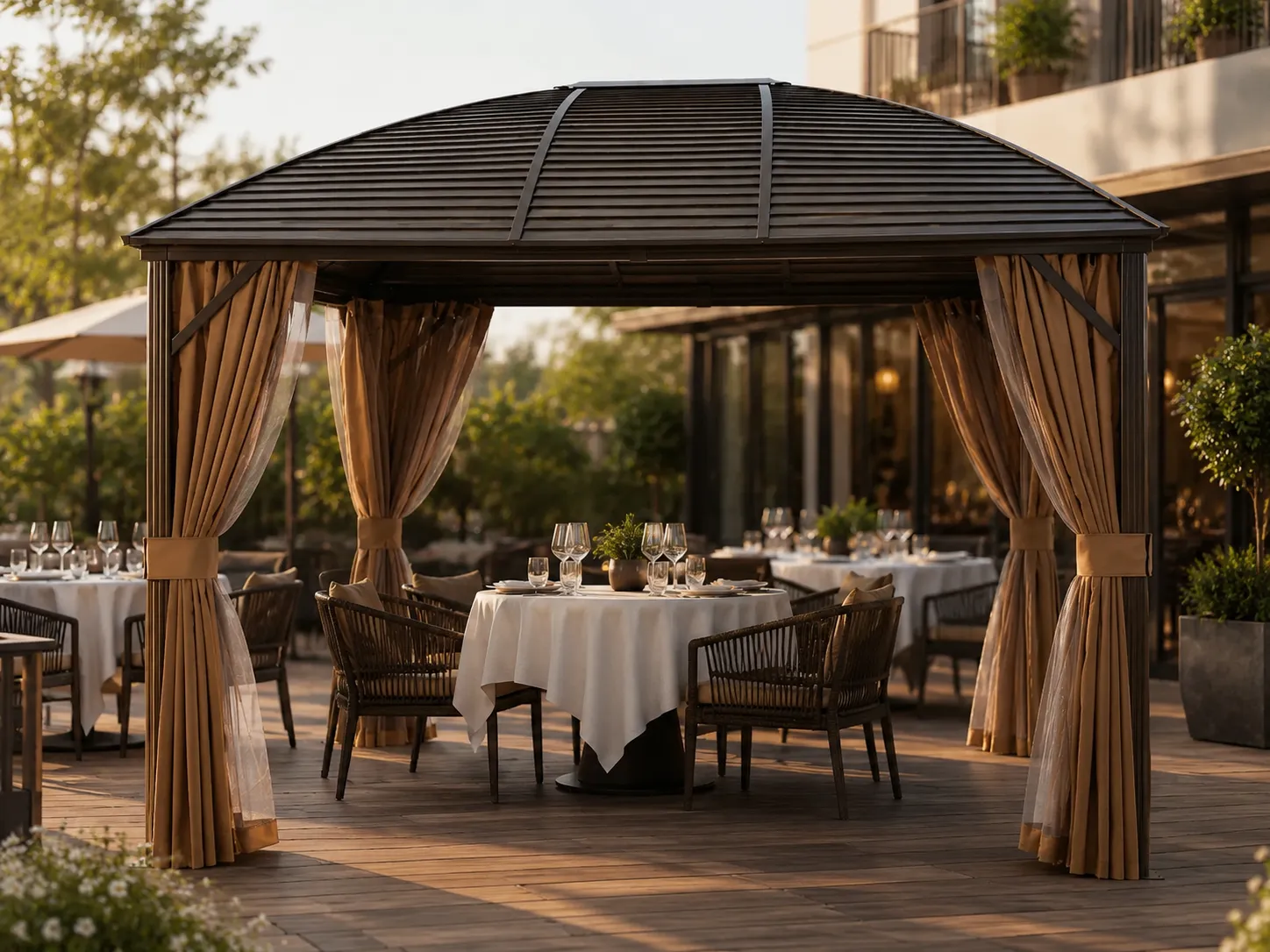 Curved roof gazebo for restaurant terrace shade