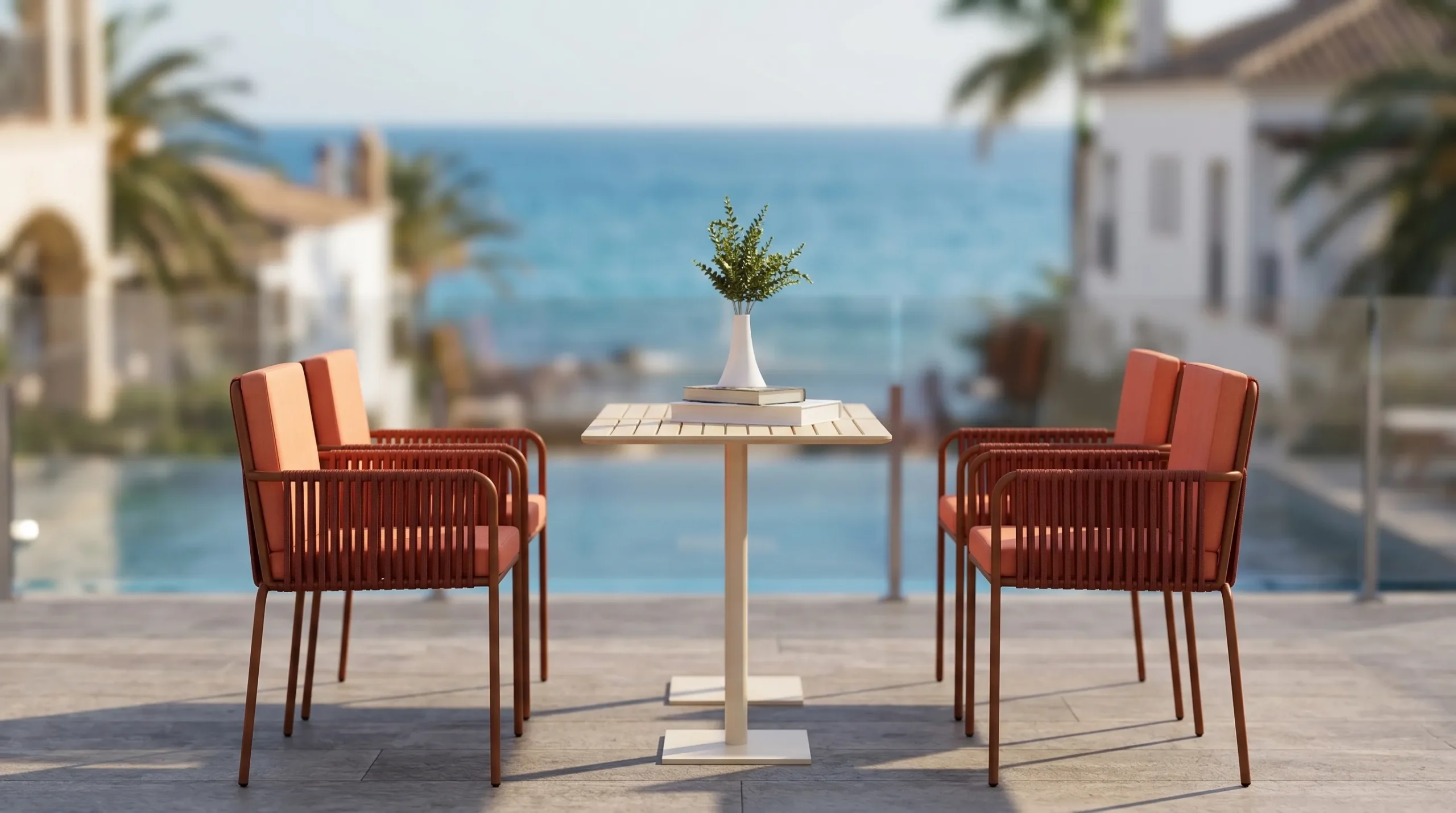 Outdoor Rope Dining Set with 4 Terracotta Cushion Armchairs & Square Patio Table for Café Garden Hotel