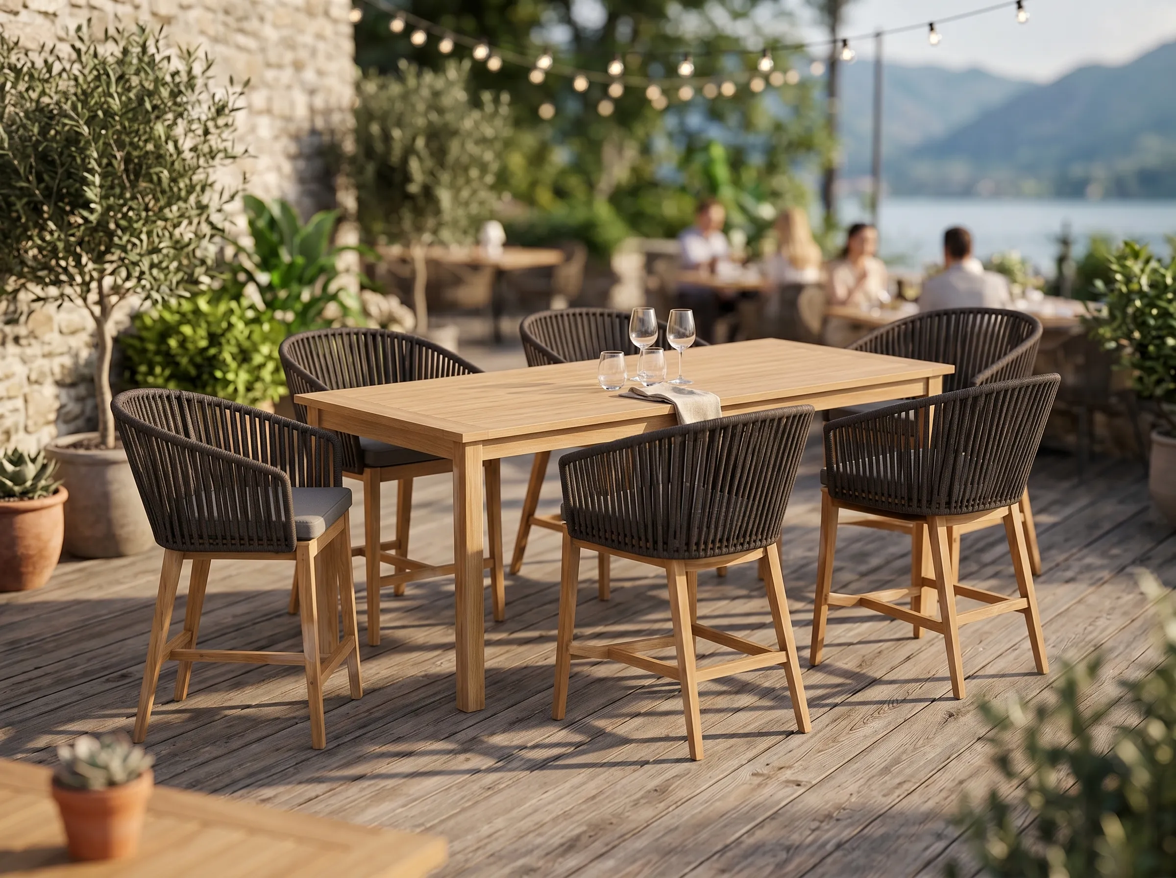 Teak rope bar dining set for restaurant terrace and commercial dining projects
