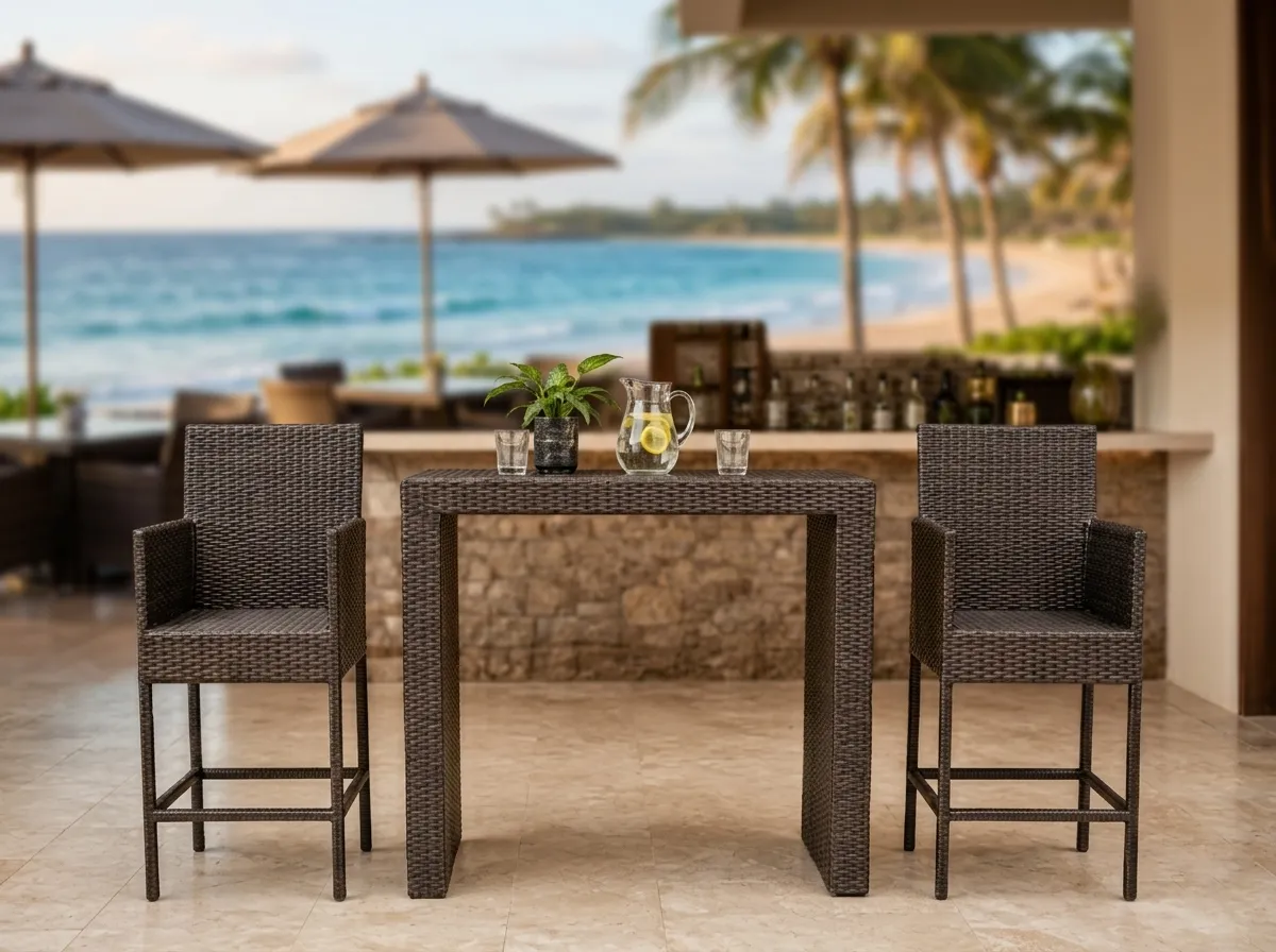 Wicker bar table and stools set for restaurant terrace dining projects