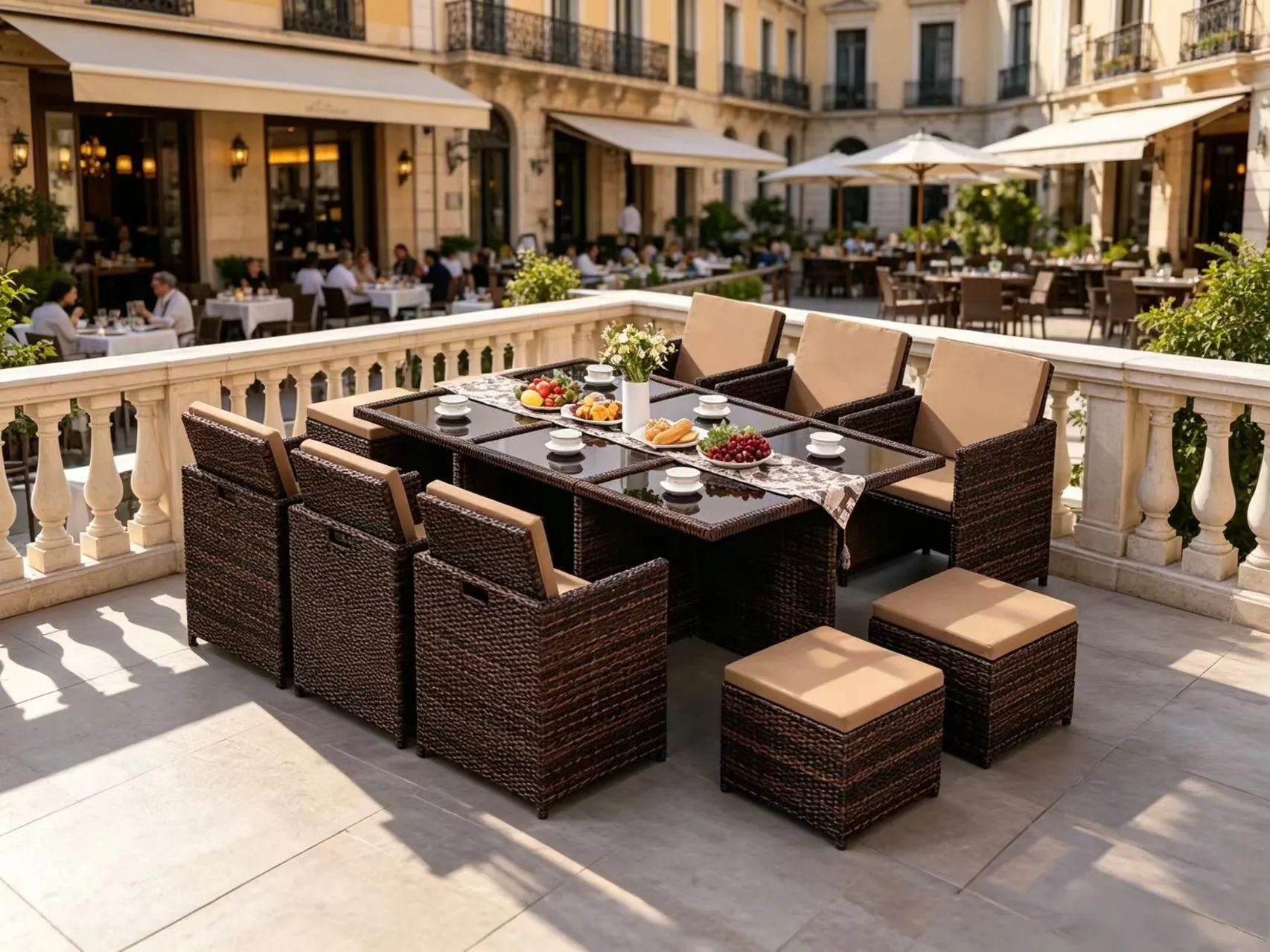 Outdoor wicker dining set with 6 chairs and 4 stools for restaurant terrace