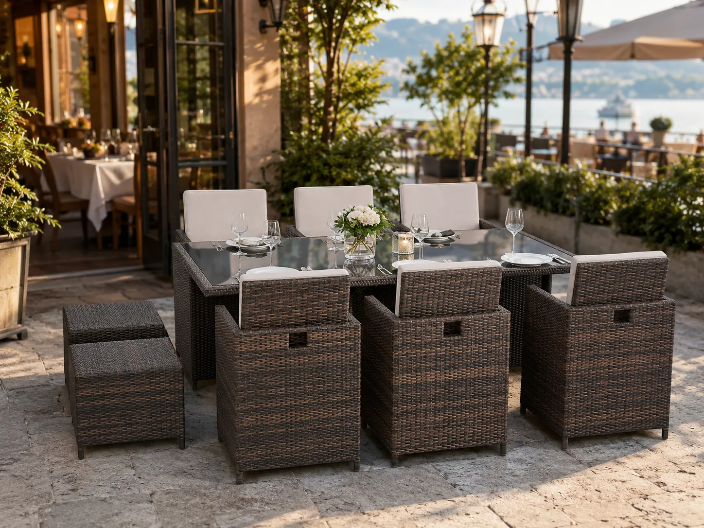 Outdoor wicker dining set with 6 chairs for restaurant terrace