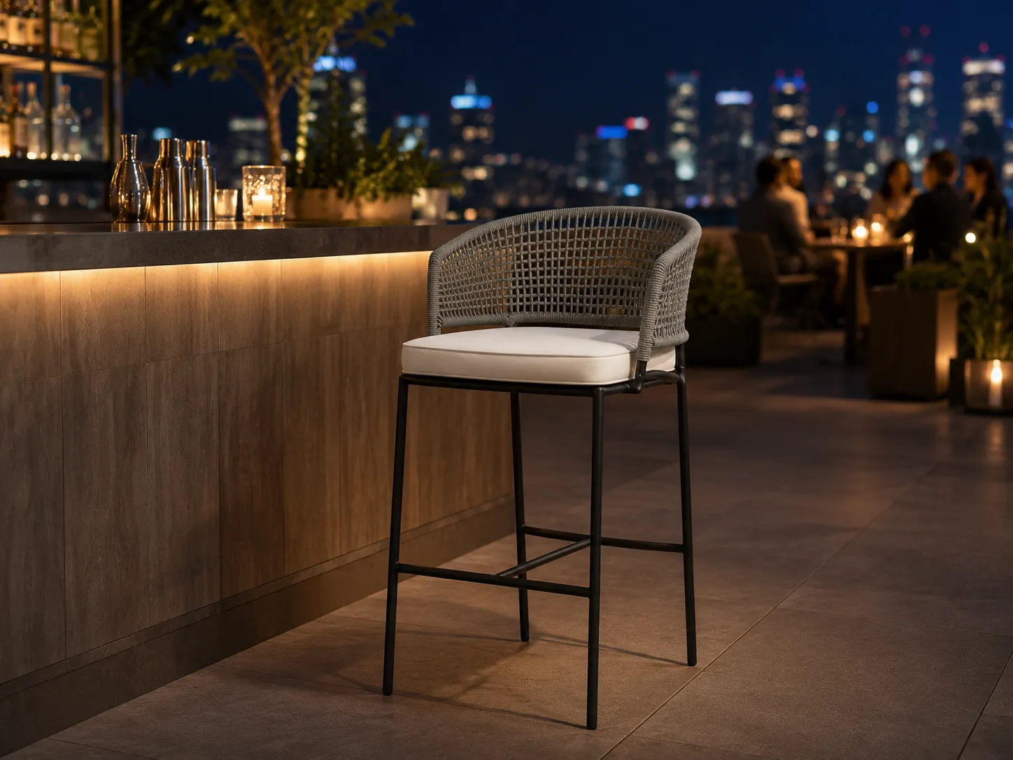 Grey rope outdoor bar stool for rooftop bar and terrace hospitality projects