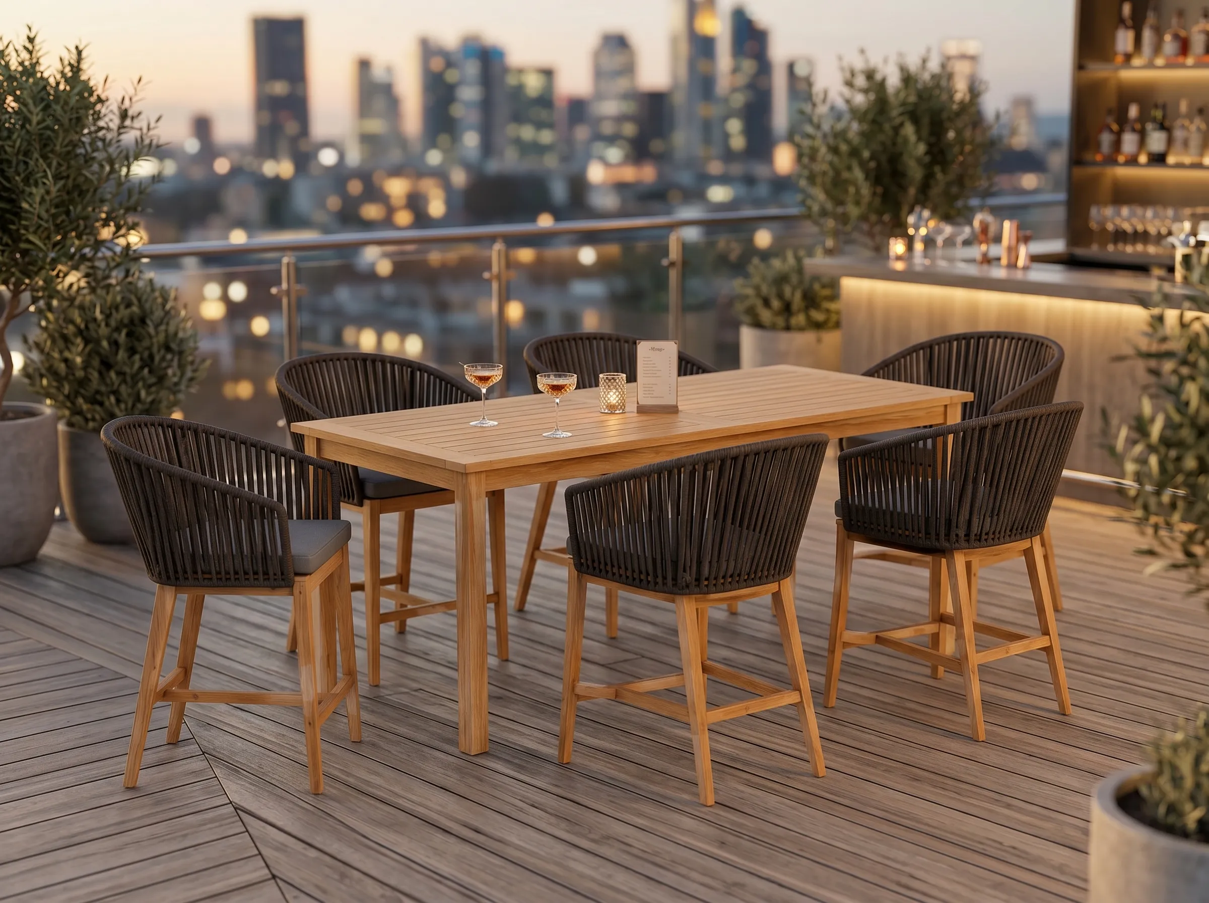 Teak rope bar dining set for rooftop bar and outdoor hospitality projects