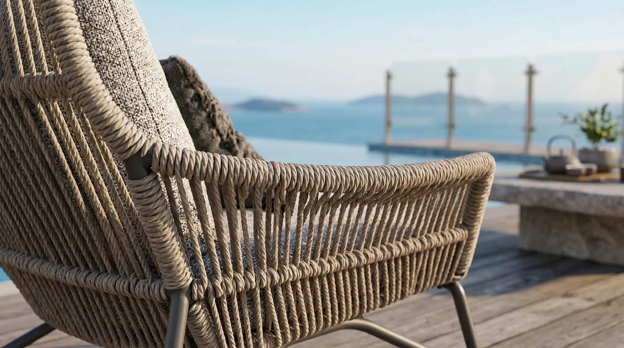 Woven Rope Outdoor Lounge Chair with Ottoman for Resort Patio & Poolside Seating
