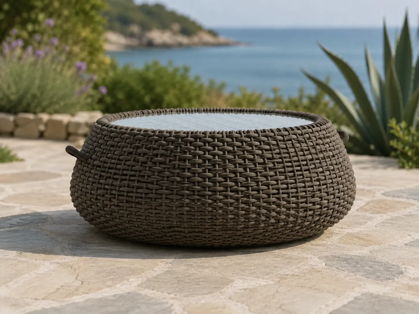 Side view of rope outdoor coffee table with woven round frame