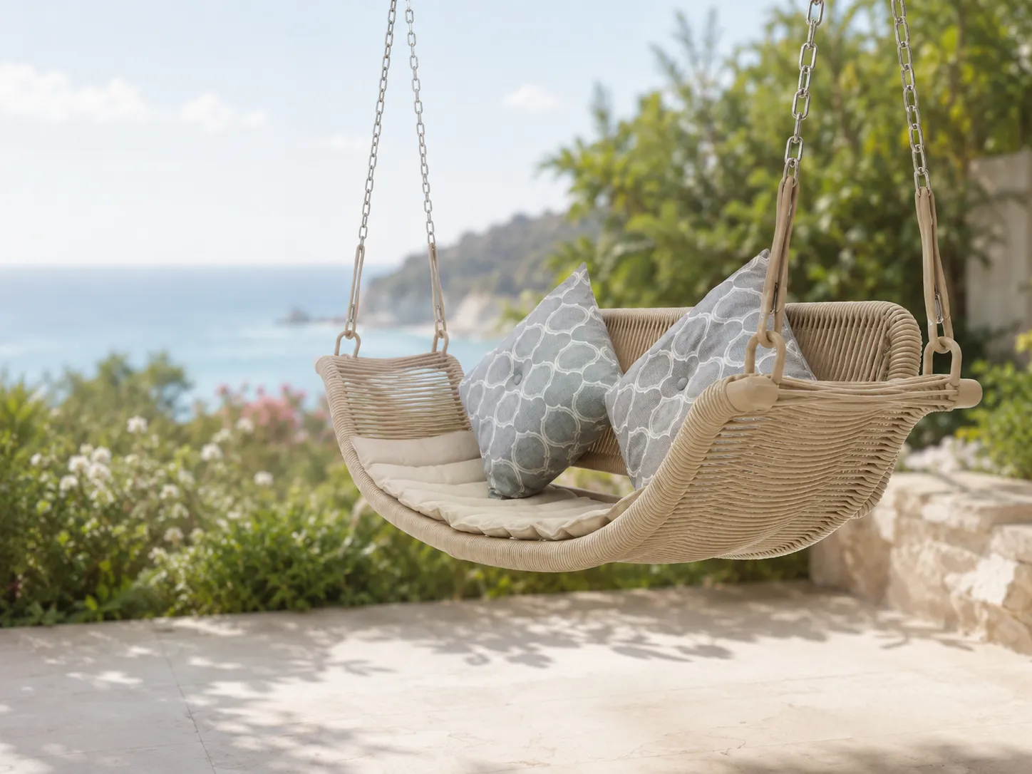 Side view of rope outdoor hanging swing daybed with chain suspension