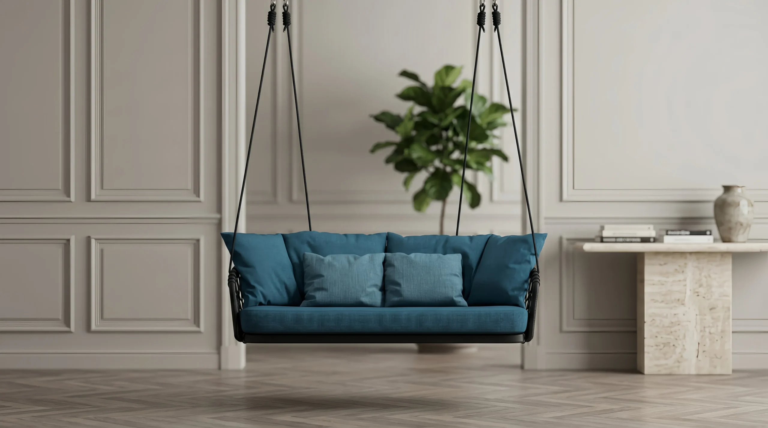 Rope Outdoor Hanging Swing Sofa with Blue Cushions