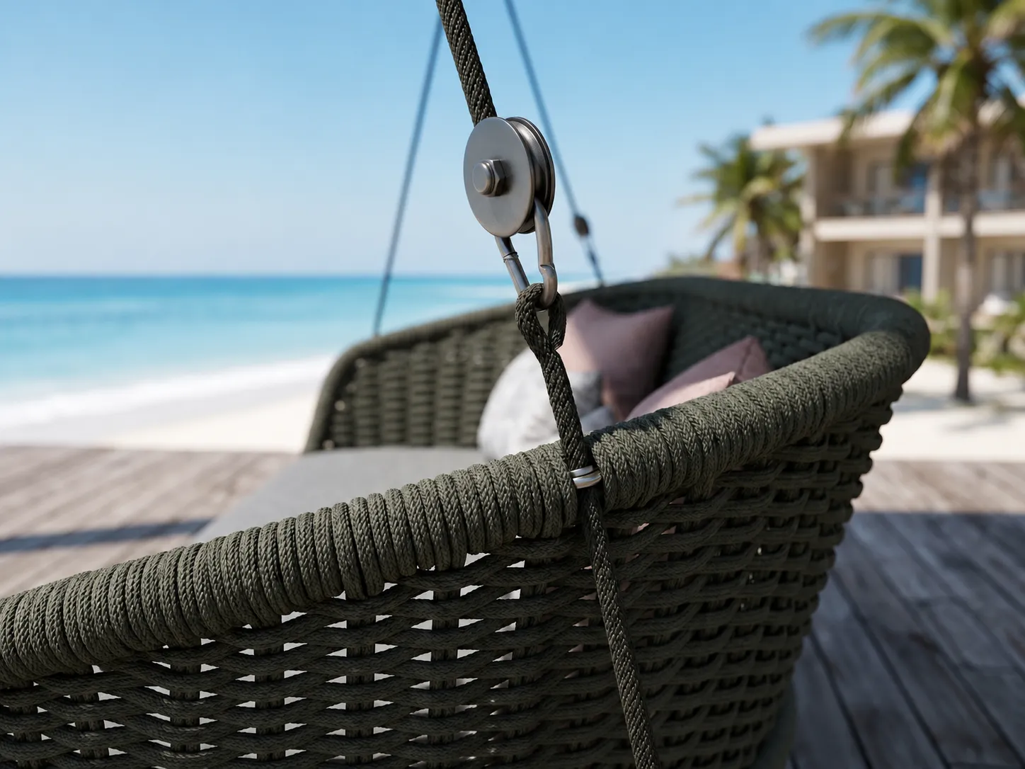 Side view of rope outdoor hanging swing sofa with suspended structure