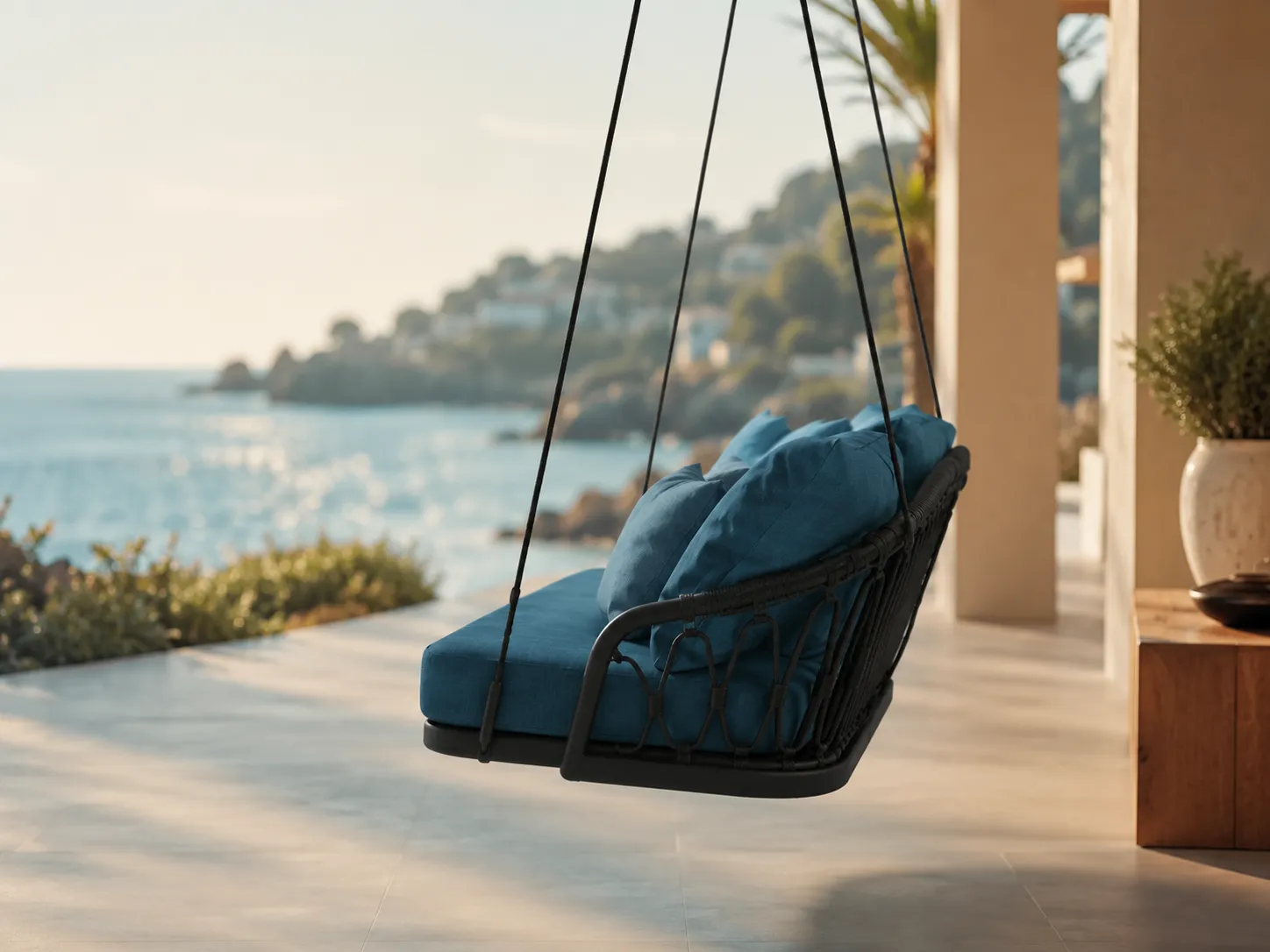 Side view of rope outdoor hanging swing sofa with blue cushions