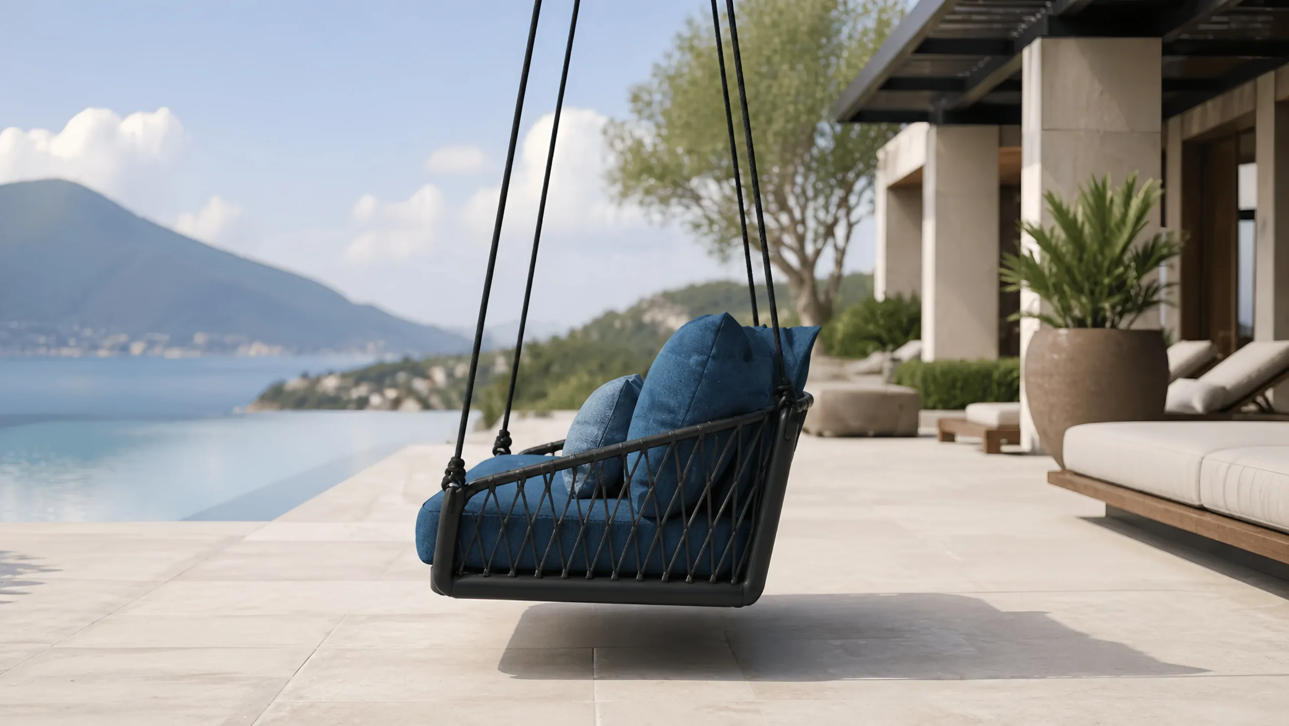 Rope Outdoor Hanging Swing Sofa with Blue Cushions