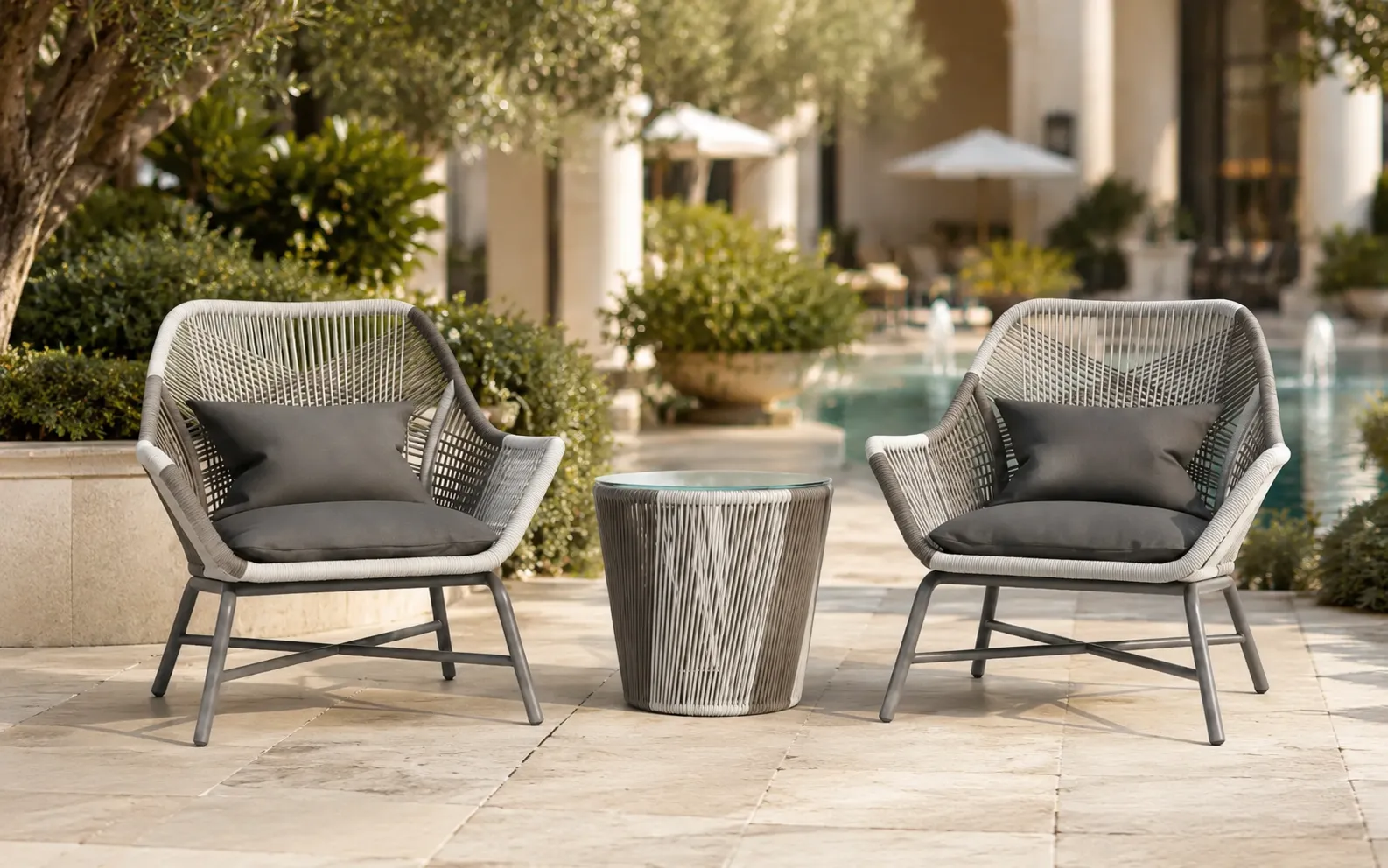 XIMU Furniture rope lounge chair bistro set with two chairs and round side table for hotel patio projects