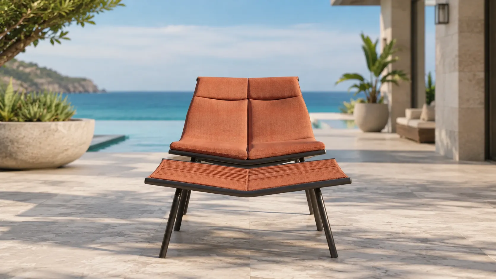 Outdoor rope lounge chair ottoman and side table layout