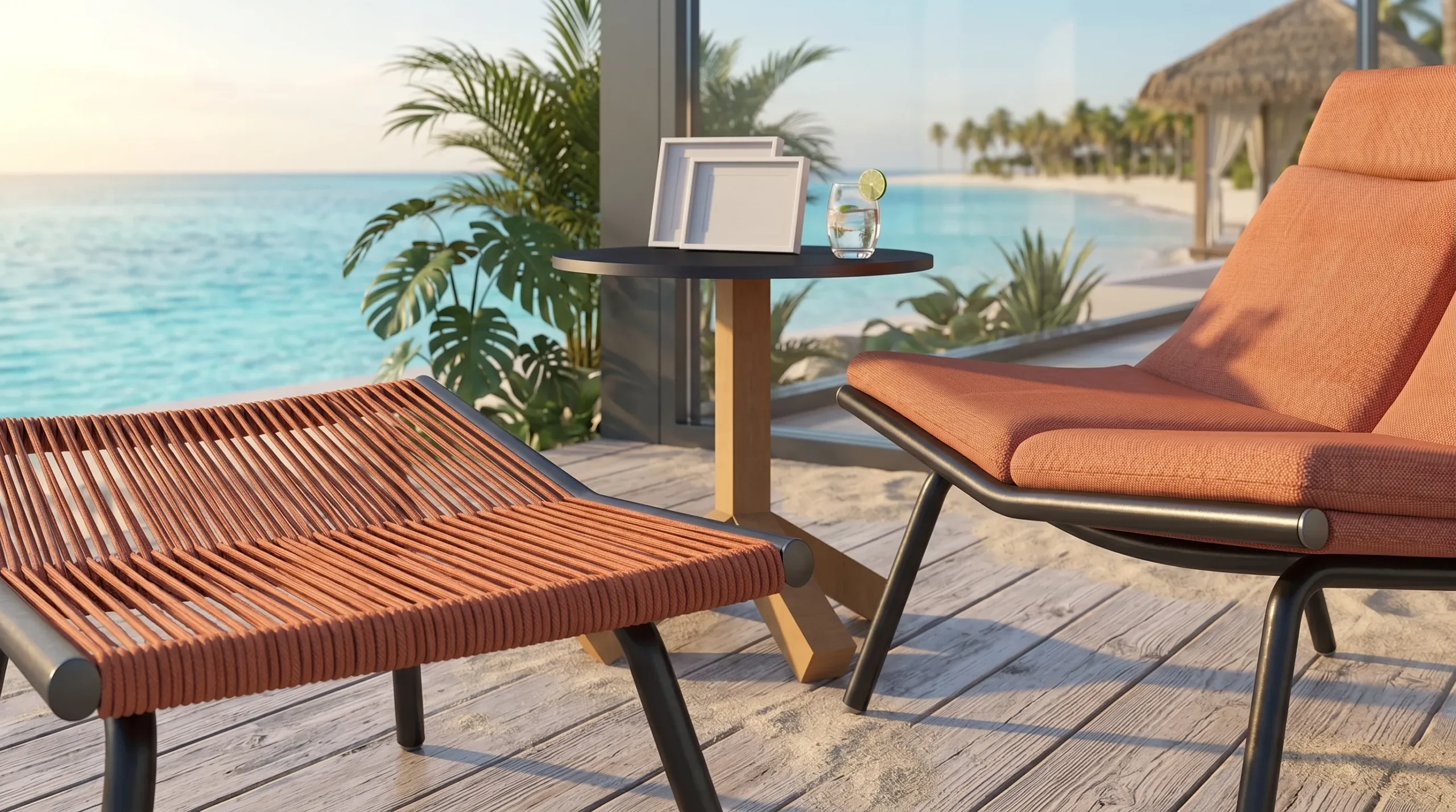 Outdoor Rope Lounge Chair with Ottoman & Side Table for Hotel Terrace Poolside Patio