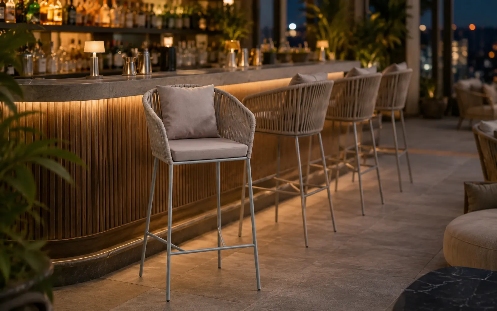 XIMU Furniture rope outdoor bar stool with cushioned seat for hotel and restaurant projects