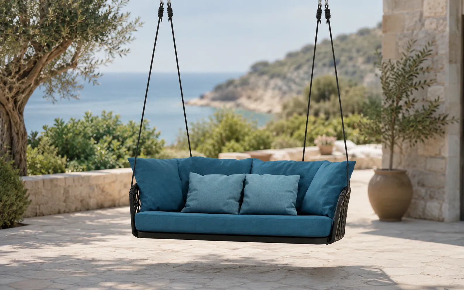 XIMU Furniture rope outdoor hanging swing sofa with blue cushions for patio and garden projects