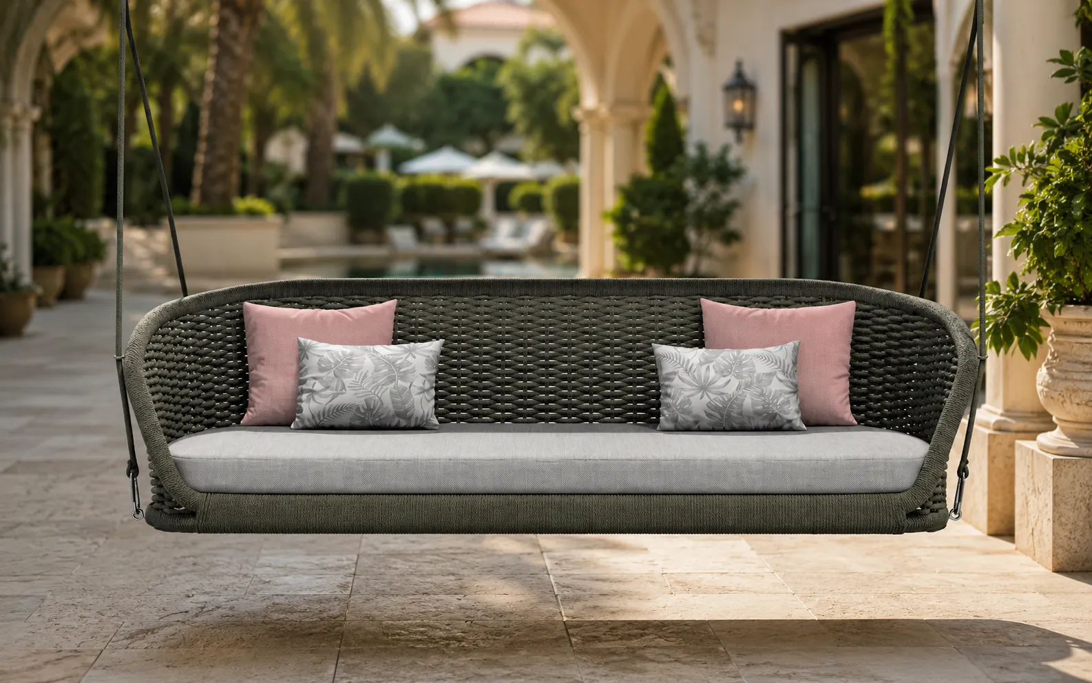 XIMU Furniture rope outdoor hanging swing sofa with cushions for patio and garden projects