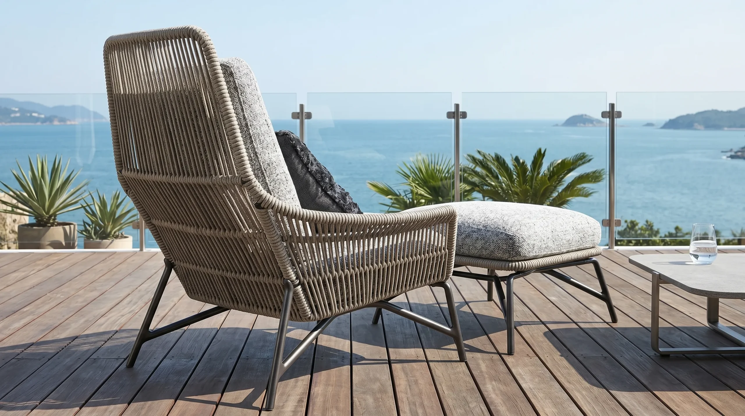 Woven Rope Outdoor Lounge Chair with Ottoman for Resort Patio & Poolside Seating