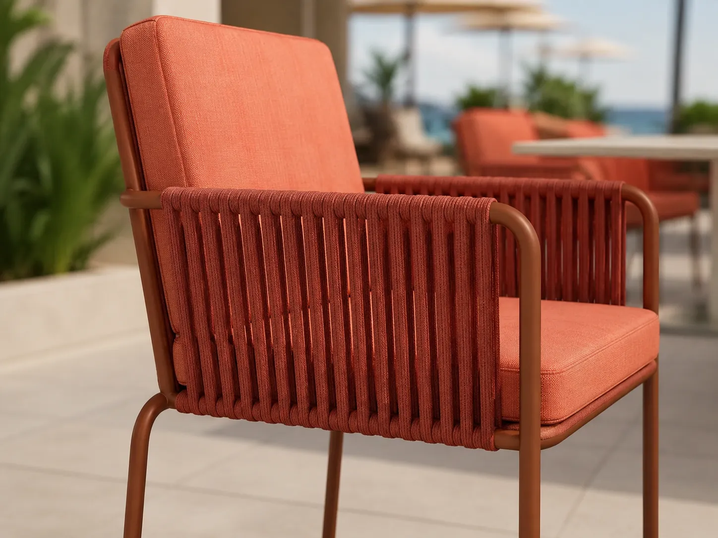 Rope weave armrest detail of outdoor dining chair