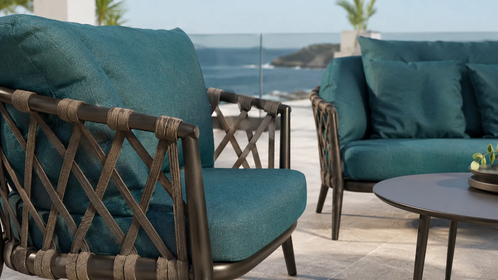 Outdoor Rope Conversation Set with Teal Cushions, Sofa, Lounge Chair & Round Coffee Table for Patio Hotel