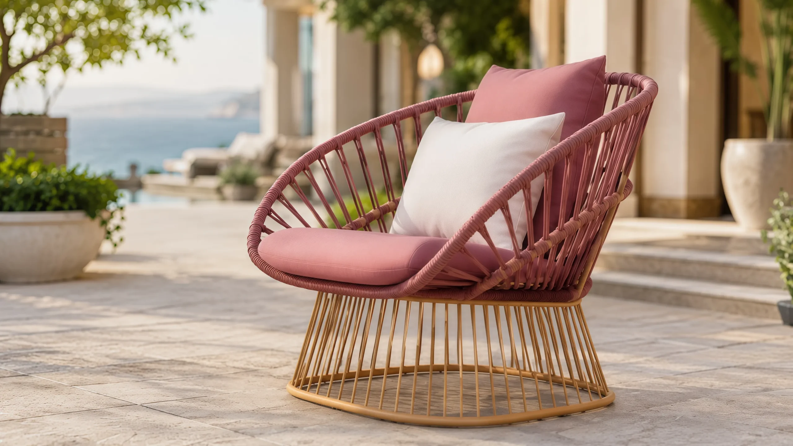 Pink Outdoor Rope Conversation Set with Sofa, Lounge Chairs and Coffee Table
