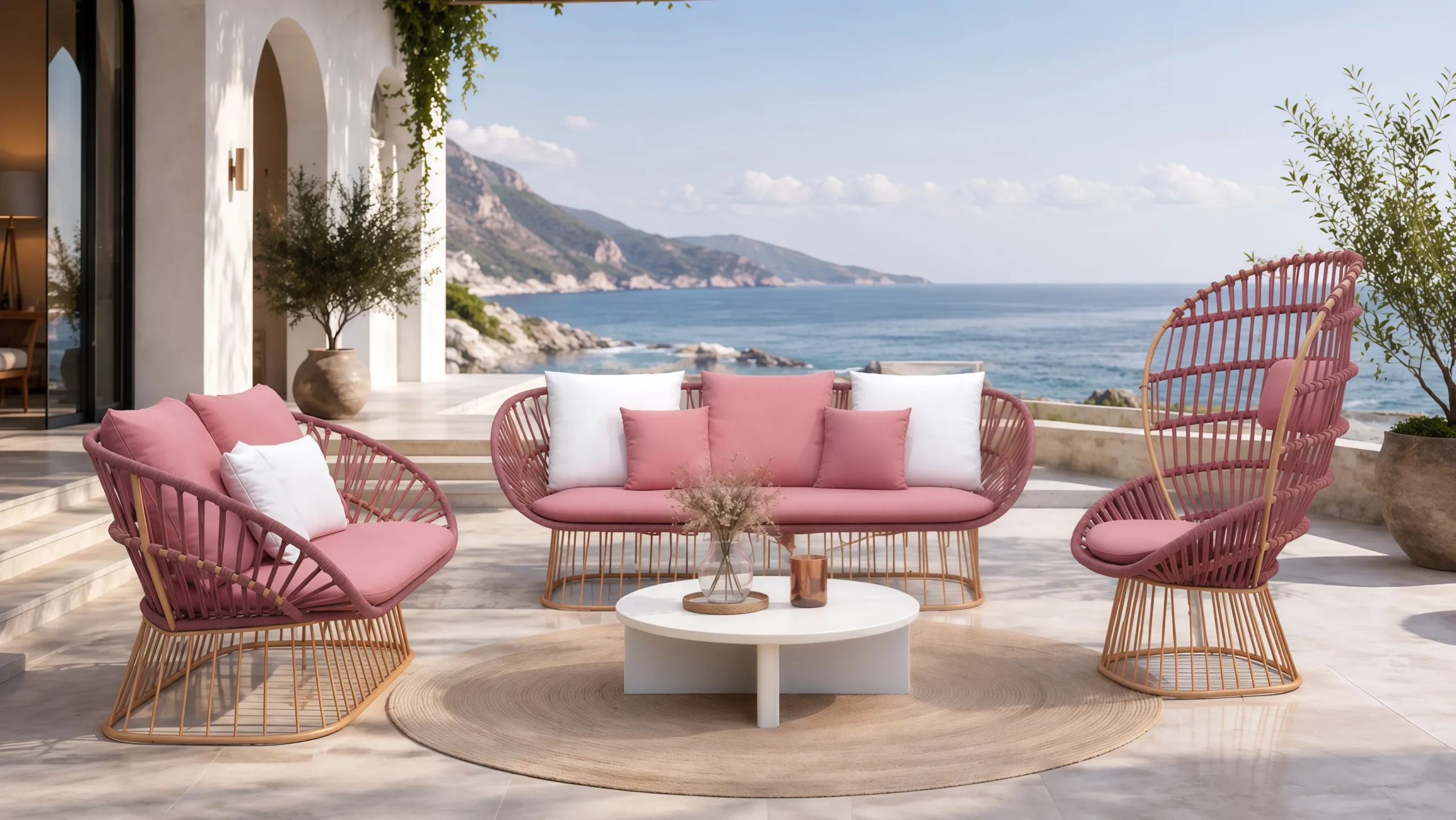 Pink Outdoor Rope Conversation Set with Sofa, Lounge Chairs and Coffee Table