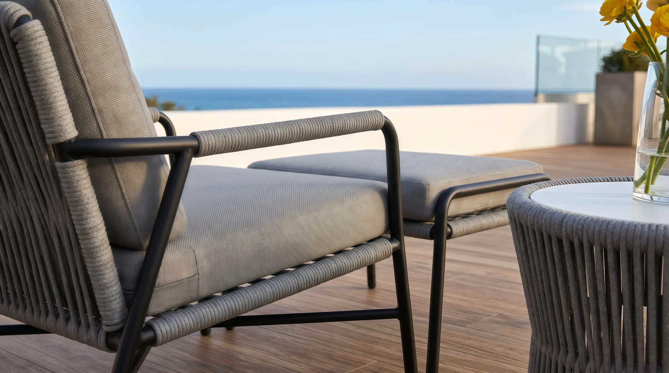 Outdoor Rope Lounge Chair and Ottoman Set with Side Table for Poolside Patio Hotel Terrace